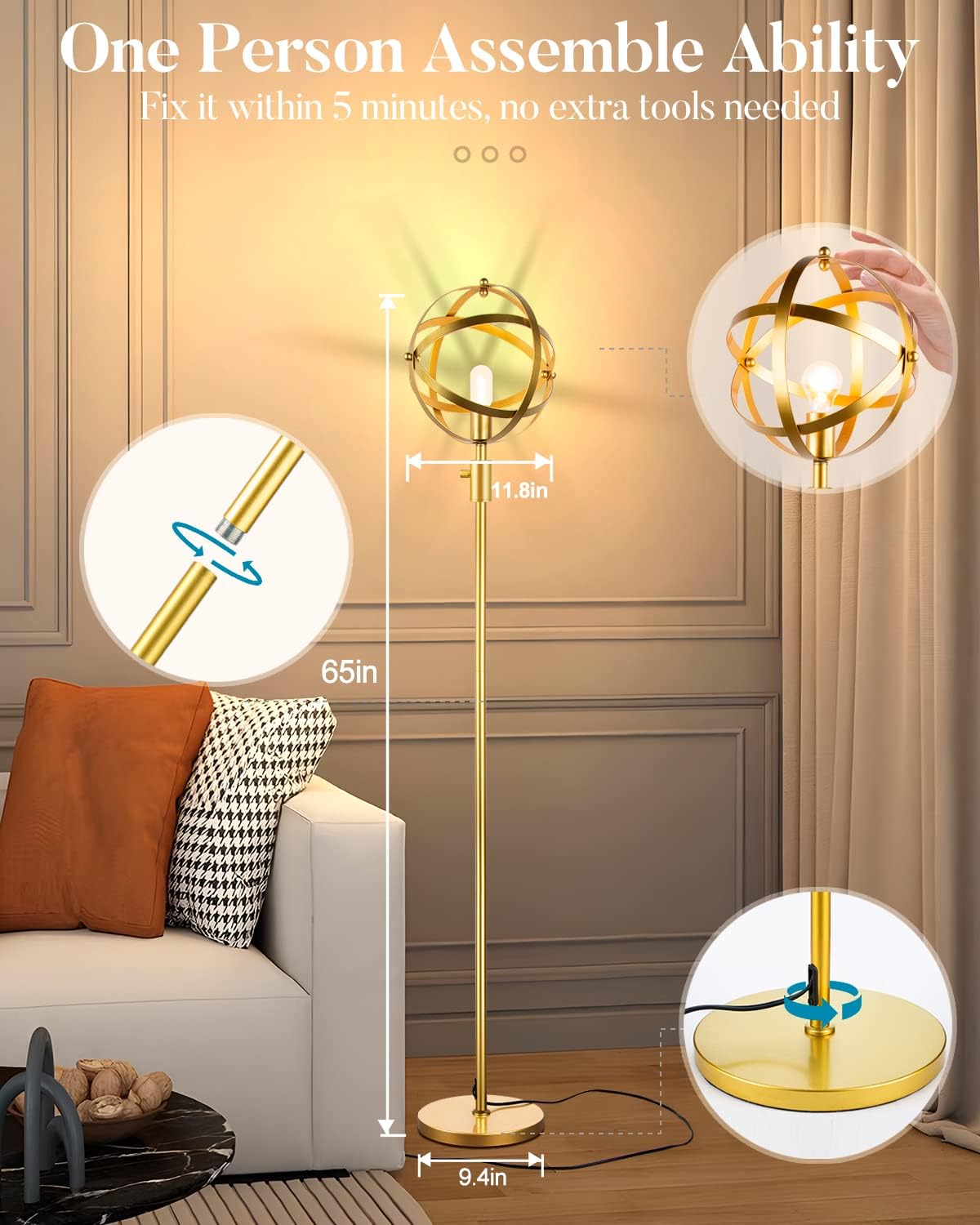 Gold Floor Lamp 0%-100% Dimmable Industrial Floor Lamp Gold Spherical Standing Lamp with 3000K Warm White Soft Brightness, E26 LED Bulb Included Globe Floor Lamp for Living Room/Bedroo/Sofa Conerm
