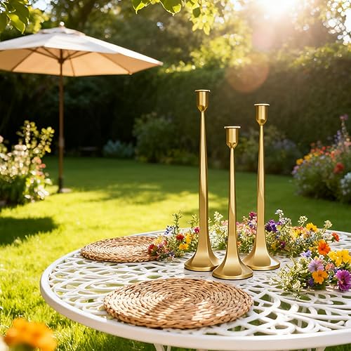 Miniatura 4 de Juego de 3 portavelas de hierro dorado, portavelas cónicos para velas de 34 pulgadas, juego de velas altas para mesa de comedor, boda y decoración