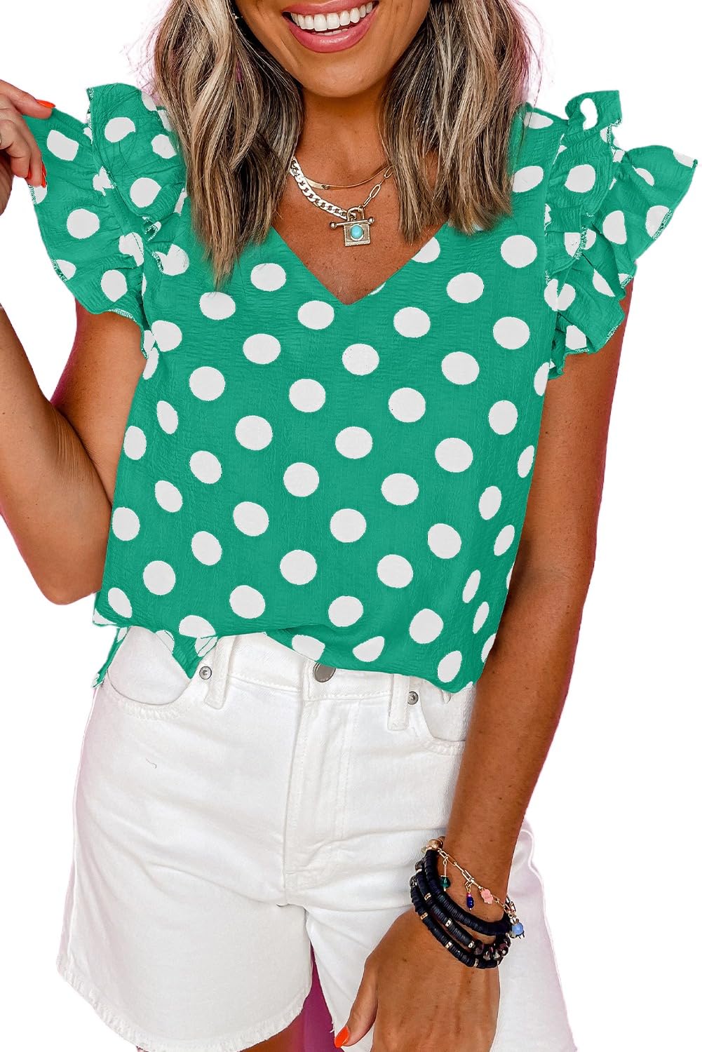 Apvirdy Women's Polka Dot Top Layer Ruffled Sleeve V Neck Blouse Shirt Top Casual Cute 2025 Summer Tops