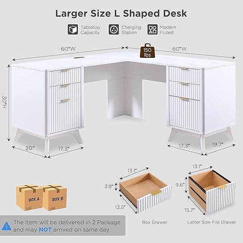 Miniatura 2 de T4TREAM Escritorio ejecutivo en forma de L de 60 pulgadas, moderno escritorio de oficina en casa con estación de carga y cajón de archivos,