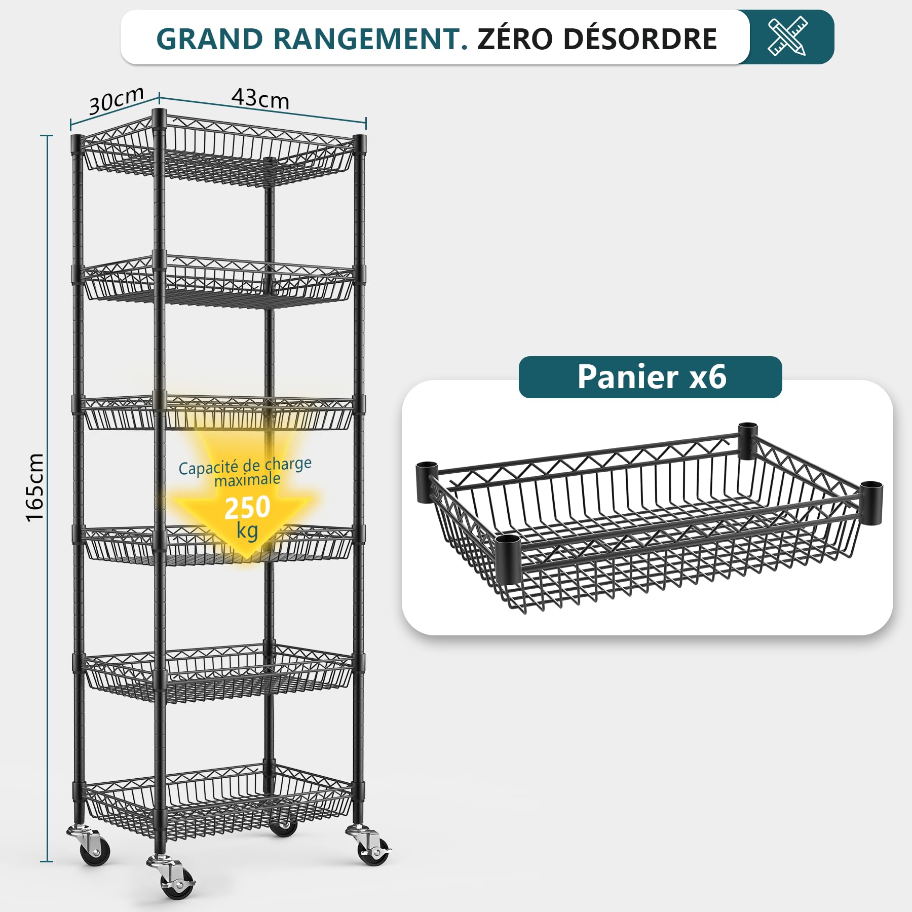 Himimi Étagère Métal 6 Niveaux à Roulettes, Étagère de Rangement Réglable en Hauteur Autoportante, Organiseur à Paniers en Fil Métallique pour Cuisine, Salle de Bain, Chambre, Salon,43×30×165 cm, Noir