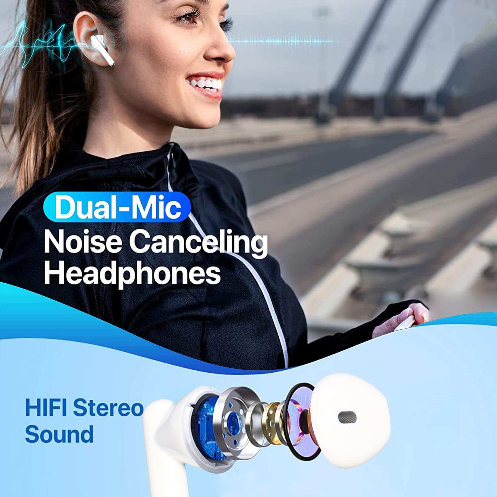 Cuffie Bluetooth, Cuffie Wireless con Microfono, In Ear Auricolari Bluetooth Riduzione del Rumore, IPX7 Impermeabili con HiFi Stereo Cuffiette, 35 Ore di Riproduzione con Controllo Touch, Bianco