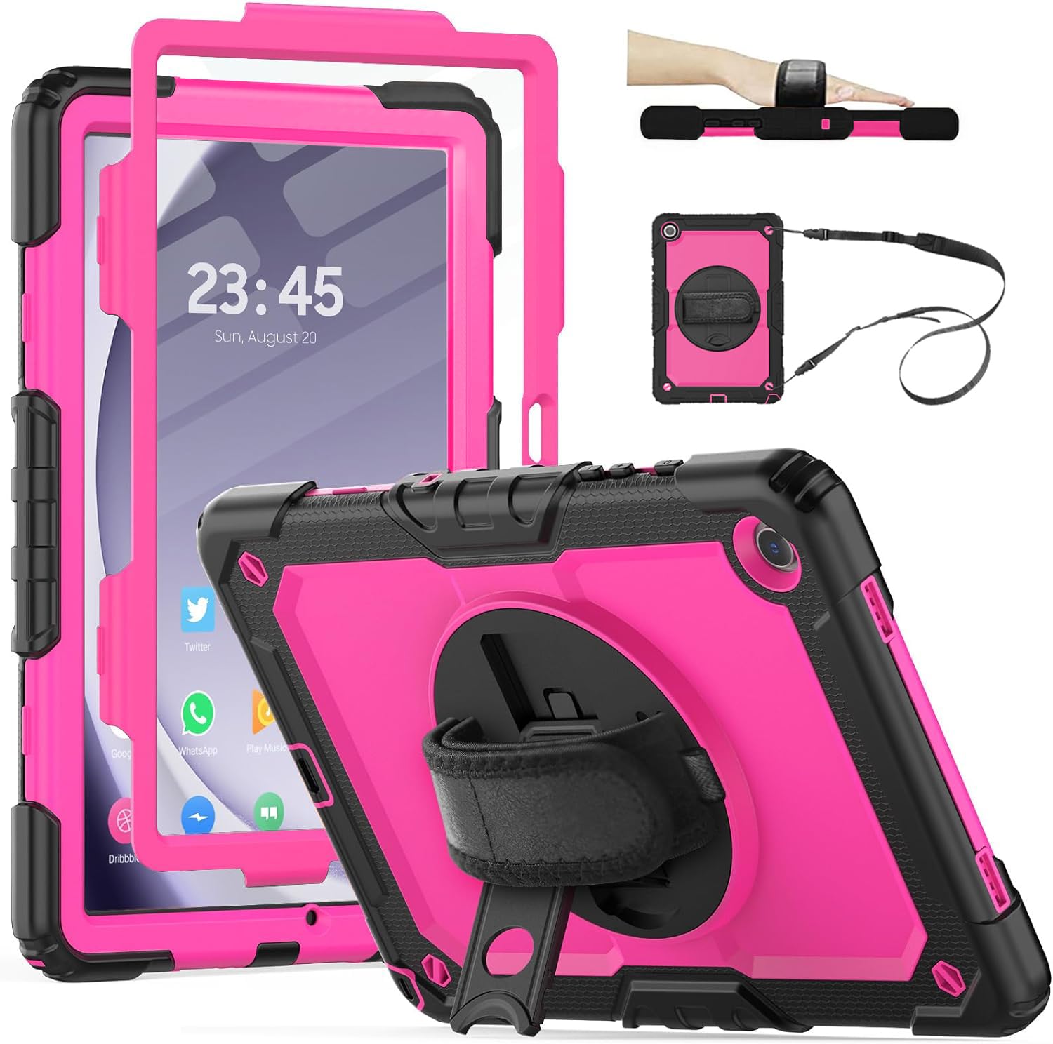 CASZONE Case for Samsung Galaxy Tab A9 Plus 11 inch 2023(SM-X210/X216/X218),Shockproof Galaxy Tab A9+ Cover with Screen Protector,Pencil Holder,360°Rotating Kickstand,Hand/Shoulder Strap Rosy
