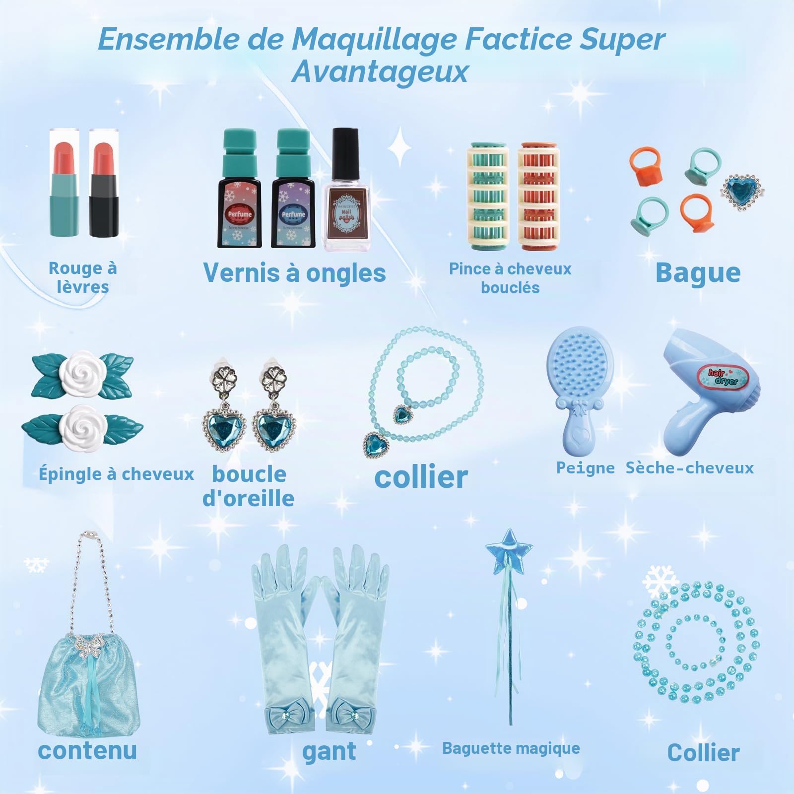 deAO Table De Maquillage pour Fille, Tabouret Et Accessoires Princesse | Coffret Maquillage Enfant Makeup Set avec Coiffeuse Accessoires, Jeu De Role Maquillage Jouets, Jouet pour Fille 3+ Ans Bleu