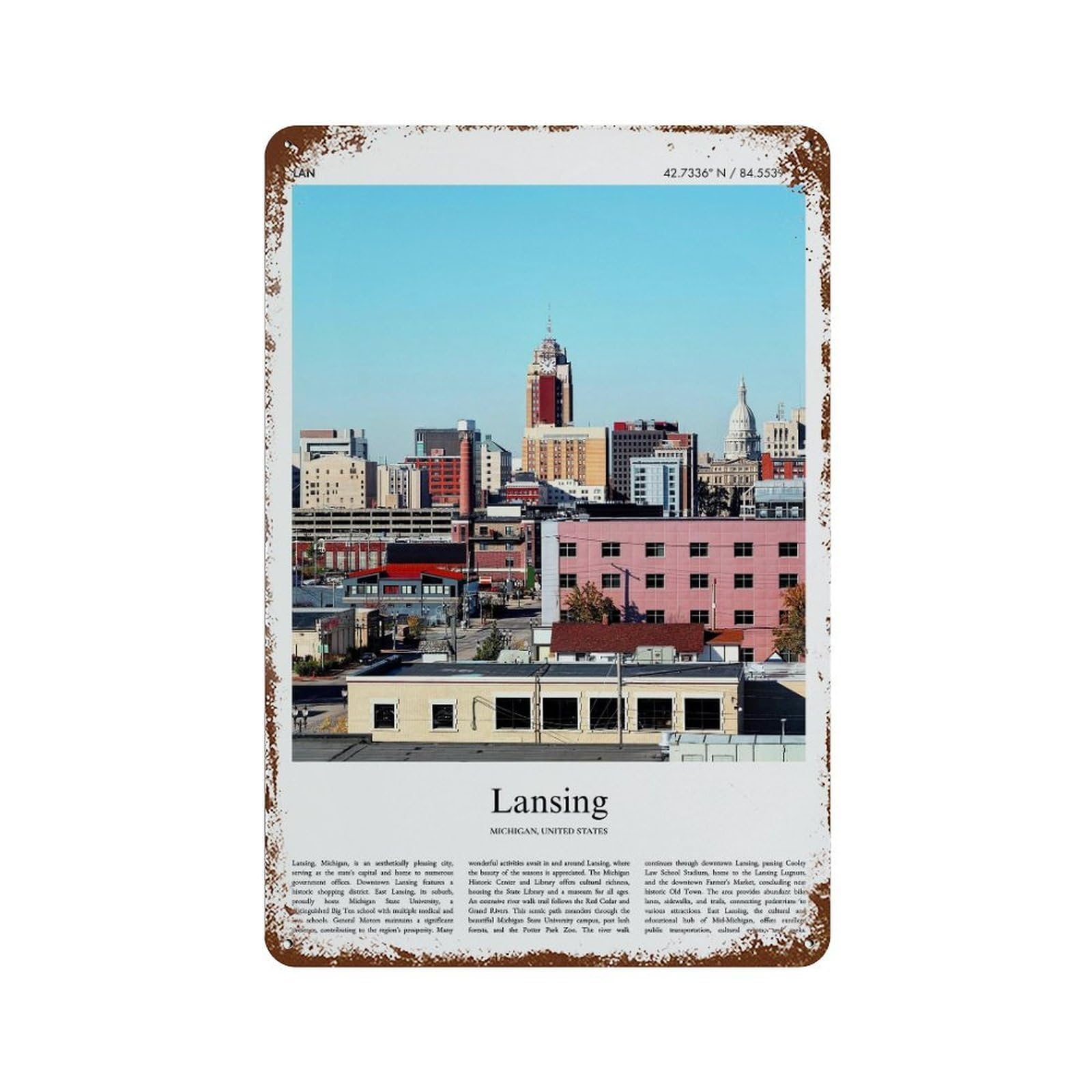 xiaoxiaoshen Lansing Michigan, United States, USA City Scenery Wall Decor Art Metal Tin Poster Modern Home Decor Art Home Bar Shop Decorations Vintage Sign 30x20cm