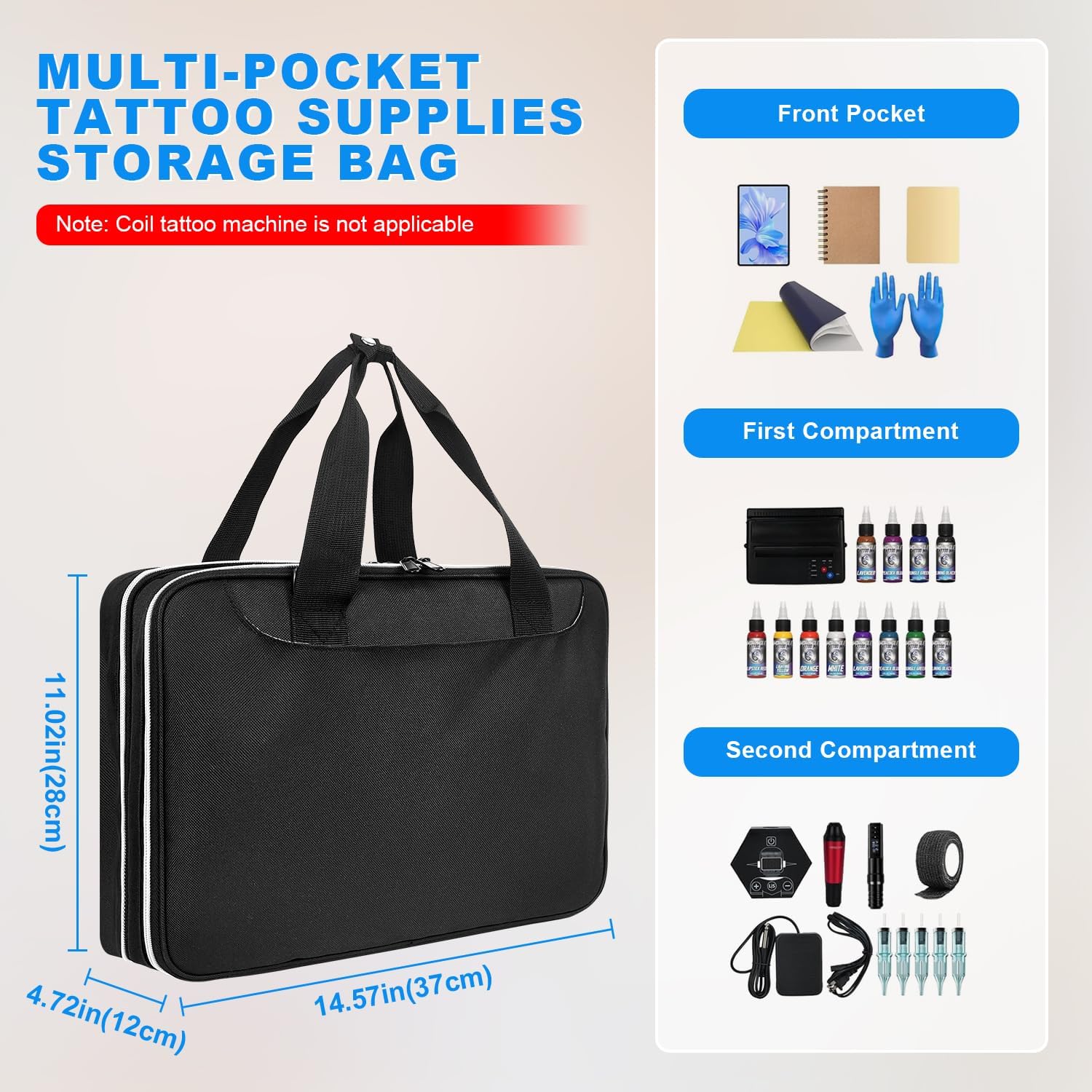 Tattoo Carrying Case, Tattoo Supplies Organizer, Double Layer Tattoo Tools Carrying Case Travel Bag for Tattoo Stencil Printer, Tatoo Pens Equipmen,Tattoo Ink,Equipment and Supplies(Medium-Sized Bag)