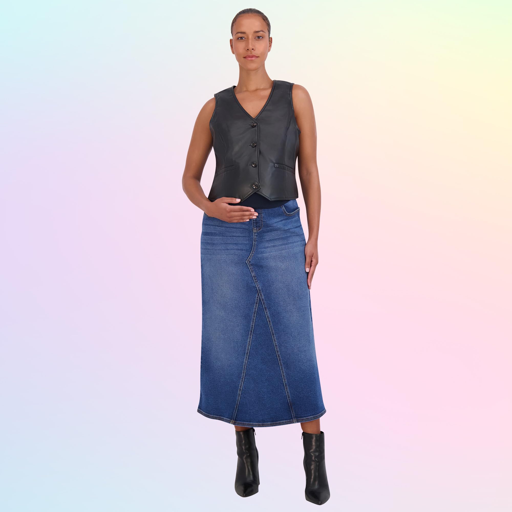 Savi Parker Denim Umstandsrock Maxirock mit Taschen - A Linie Umstandsjeans über dem Bauch Lange Schwangerschaft Jeansrock