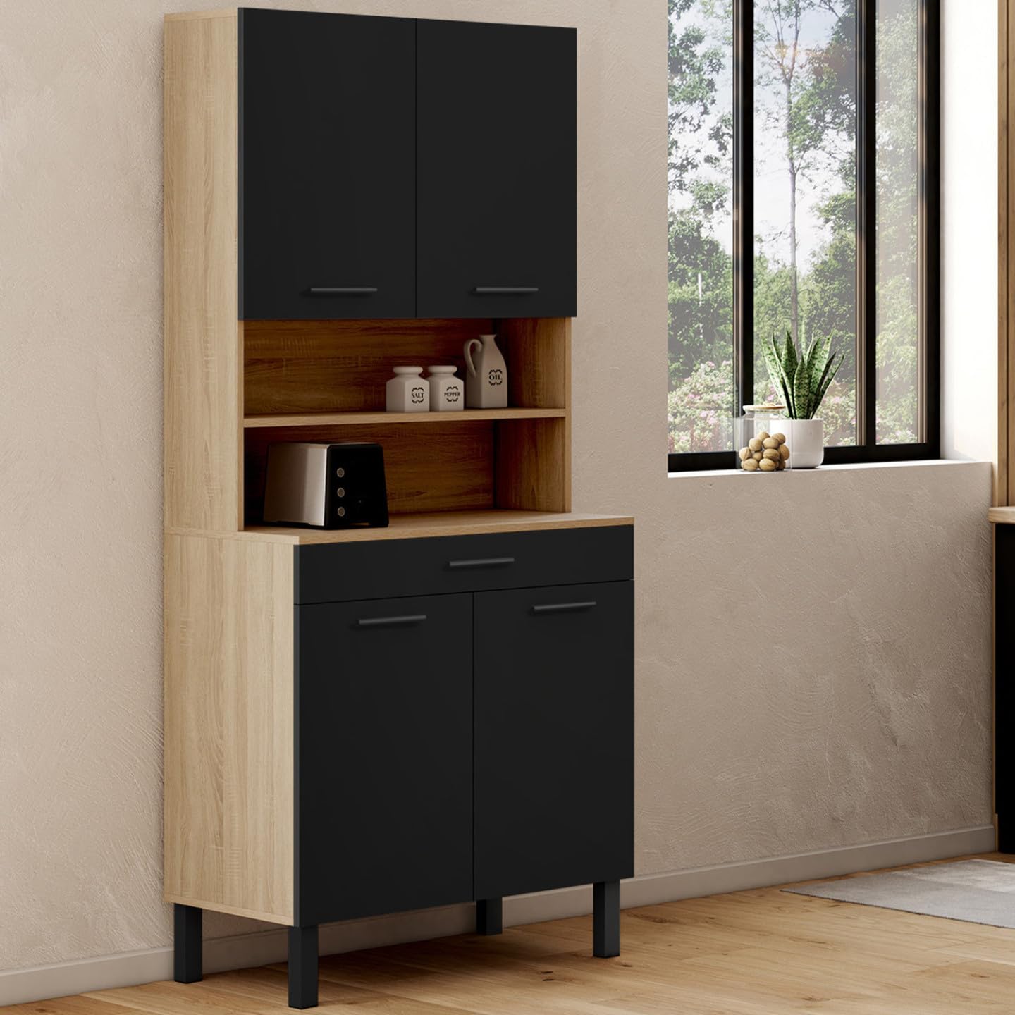 IDMarket - Credenza CINA 80 CM con 4 ante e cassetto effetto faggio nero