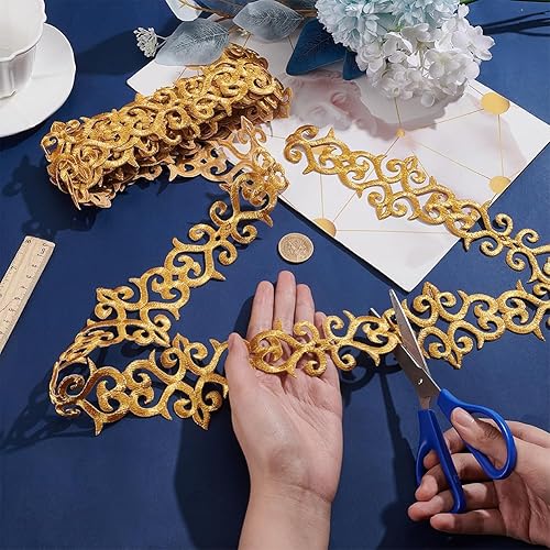 Miniatura 8 de NBEADS Alrededor de 4.37 yardas (13.1 ft) cintas de poliéster bordadas doradas, 1.38 pulgadas de ancho de encaje metálico para planchar en encaje