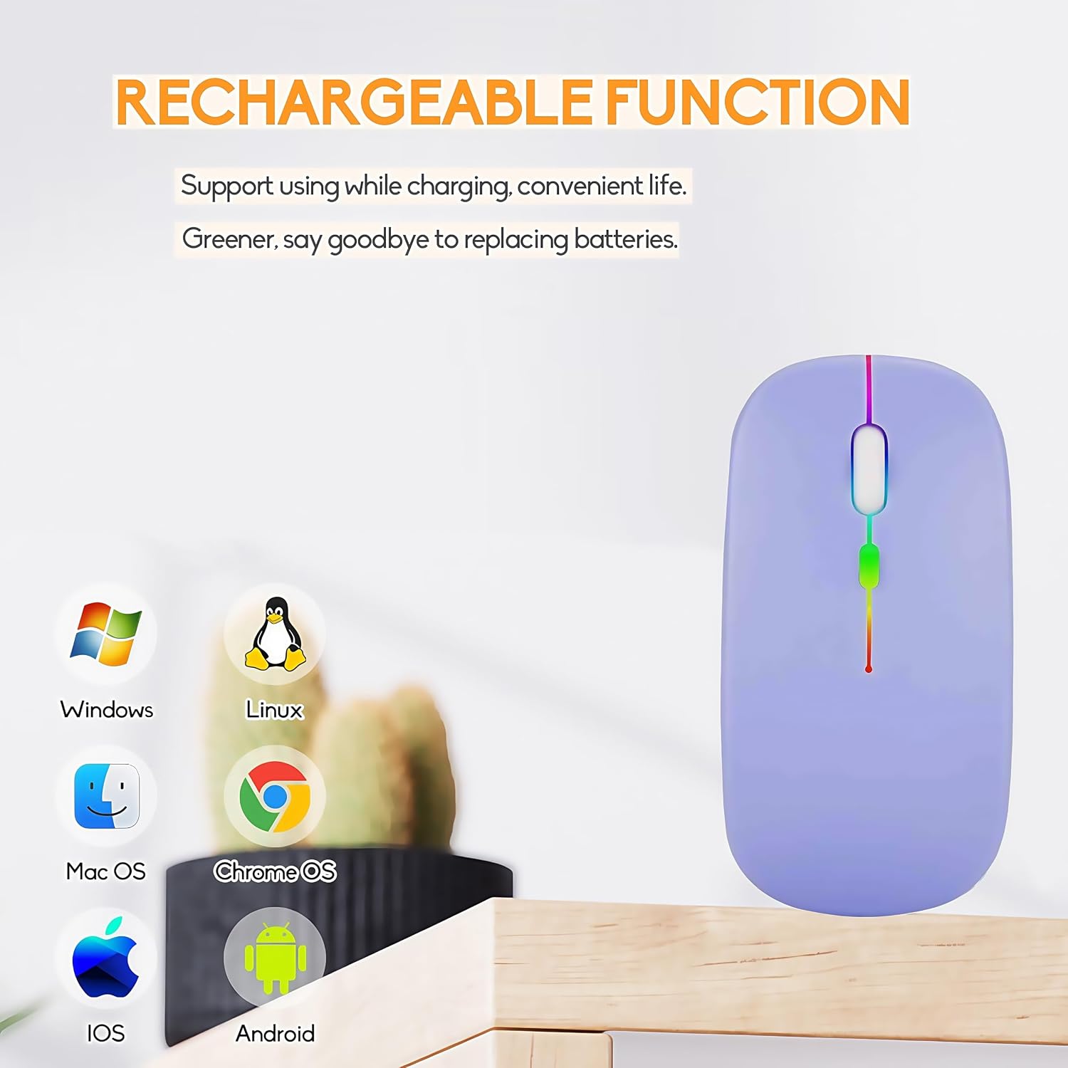 LED Wireless Mouse, Slim Silent Dual-Mode 2.4G+BT Rechargable 7-Color Portable Mobile Optical Office Mouse with USB Receiver, 3 Adjustable DPI Levels for Notebook, PC, Computer, MacBook (Purple) image 5