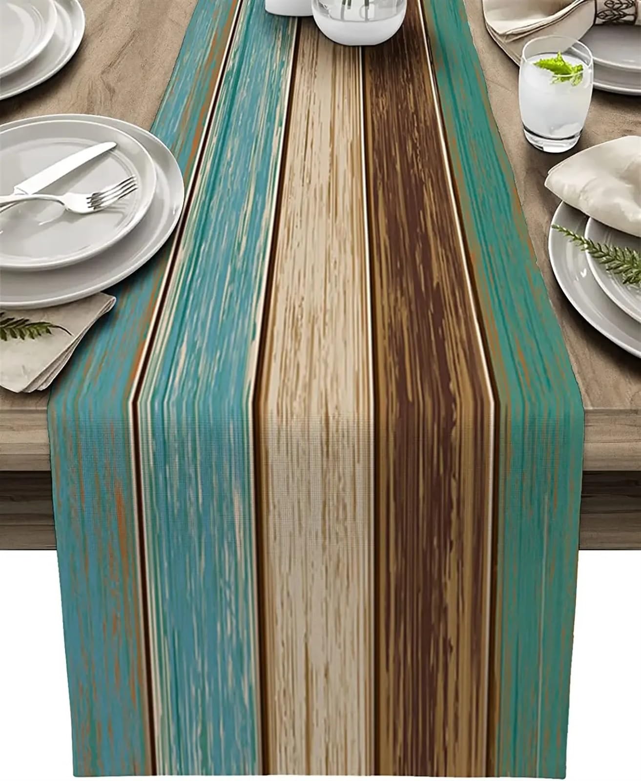 Chemin de table en lin turquoise et vert 160x33 cm pour déco de cuisine