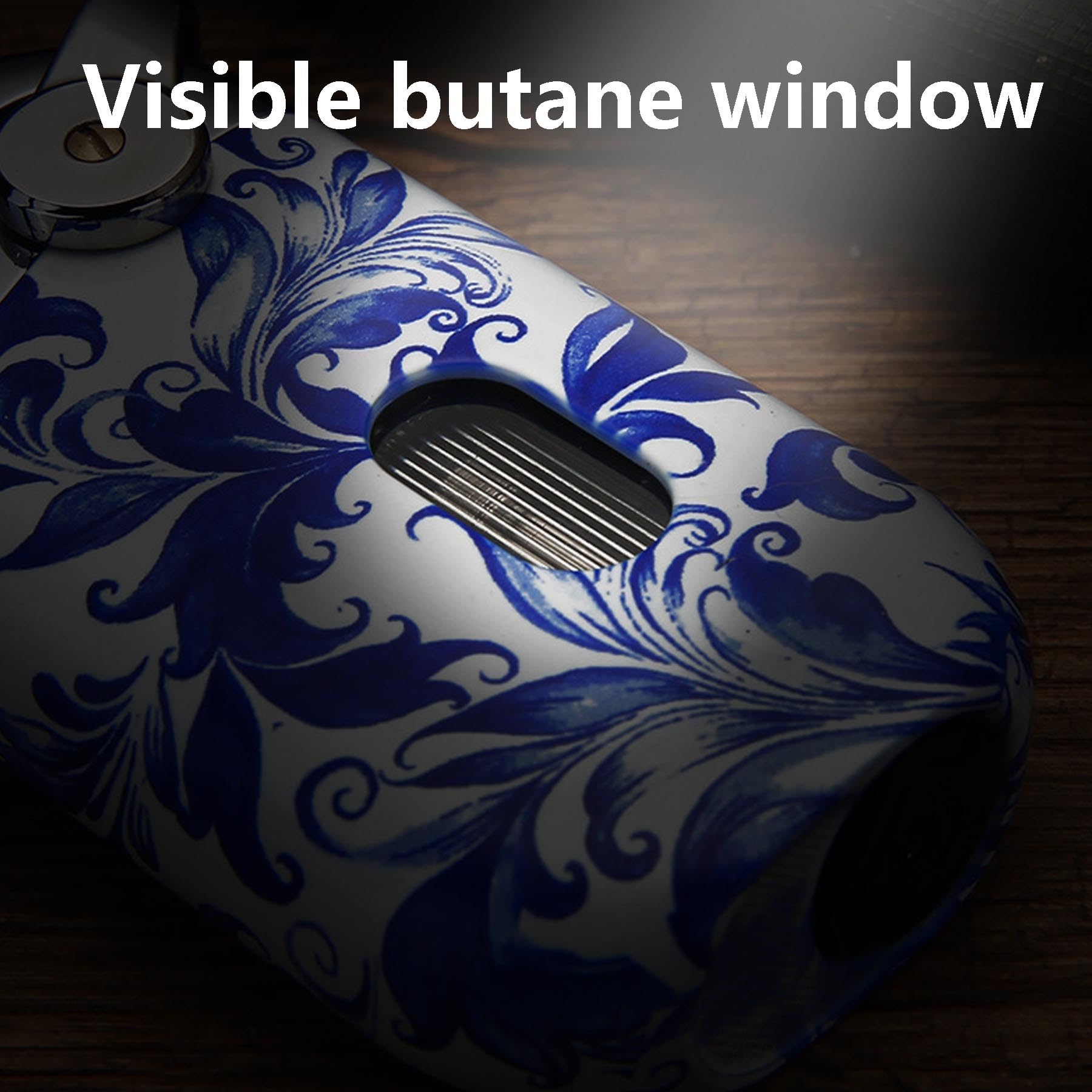 Encendedor de butano resistente al viento con llama ajustable, encendido por empuje y ventana de combustible visible, ideal para camping, barbacoa y uso al aire libre