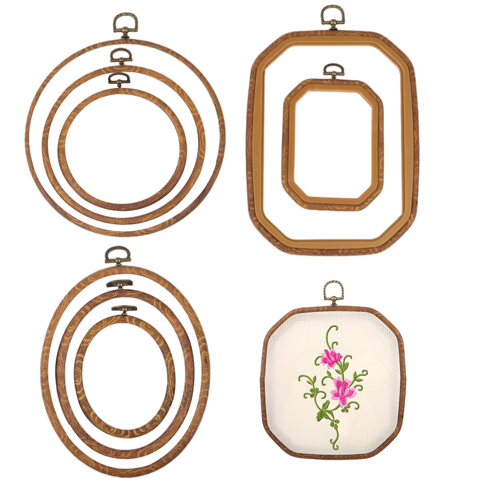 9 Pack Embroidery Hoop Frame, Large Imitated Wood Display Frame, Cross Stitch Hoop Ring for Art Craft Sewing Decorative Ornaments, Circle Oval
