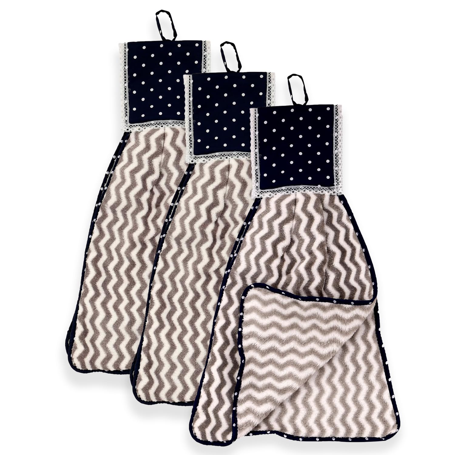 Kuber Industries Napkin | Washbasin Hanging Napkin | Kitchen Towel with Ties | Napkin for Kitchen | Napkin for Bathroom | Zig Zag Hand Towel for Kitchen | Pack of 3 | Grey