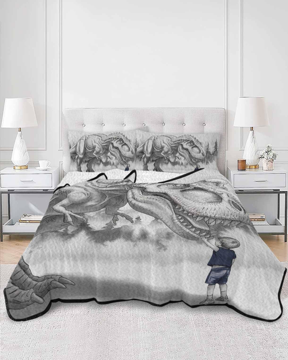 Summer Quilts Twin XL Size, Lightweight Quilted Coverlet Dinosaurs Boy Comforter Set for Bed, All Season Bedspreads Gray Funny Cartoon Forest Animals Soft Quilt Bedding with 2 Pillowcases 68x98 Inch