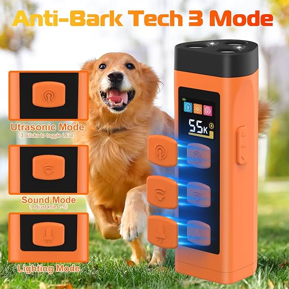 Dog Bark Deterrent Device, 3X Ultrasonic Dog Trainer, Anti Barking Device with 65FT Range, Humane Bark Control for Dogs, 3 Training Modes, Works Indoors & Outdoors