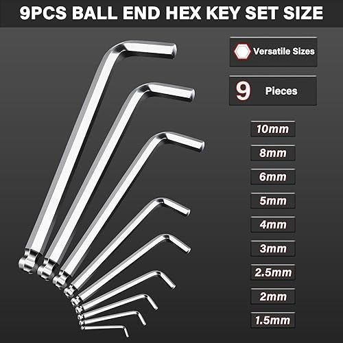 Miniatura 2 de HAUTMEC - Juego de llaves Allen métricas con extremo de bola, 9 piezas en forma de L, juego de llaves hexagonales, juego de llaves Allen de acero