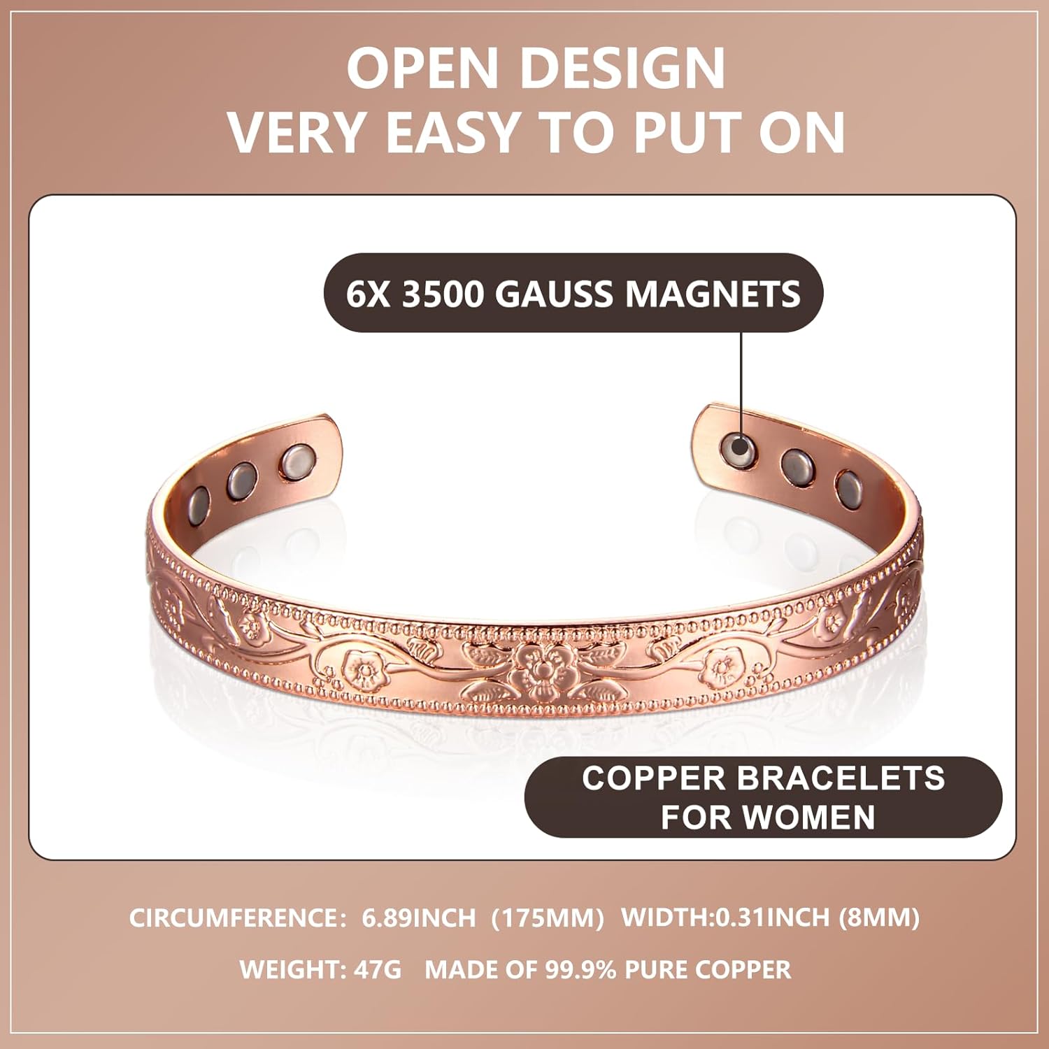 copper bracelets for women 99.9% Pure Copper Magnetic Bangle with 6pcs 3500 Gauss Magnets, copper bracelet for women copper bracelets Jewelry Gift Gifts for Women Mom - Image 5