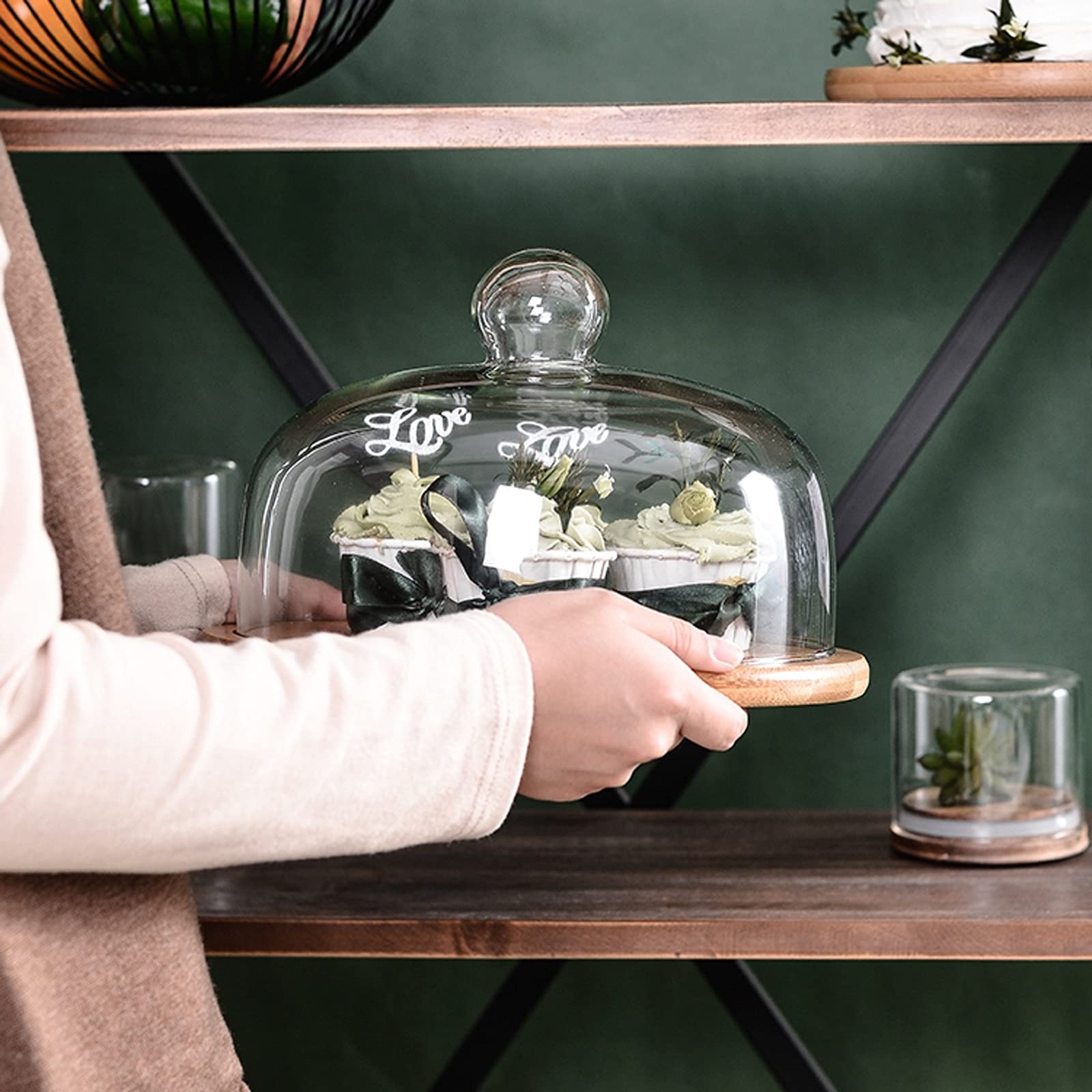 Patera na ciasto Półka na ciasto ze szklaną osłoną przeciwpyłową, okrągła podstawka na ciasto, stojak na babeczki, dekoracja stołu, na imprezę z herbatą, wesele, urodziny stojak na tort (rozmiar: Medium)