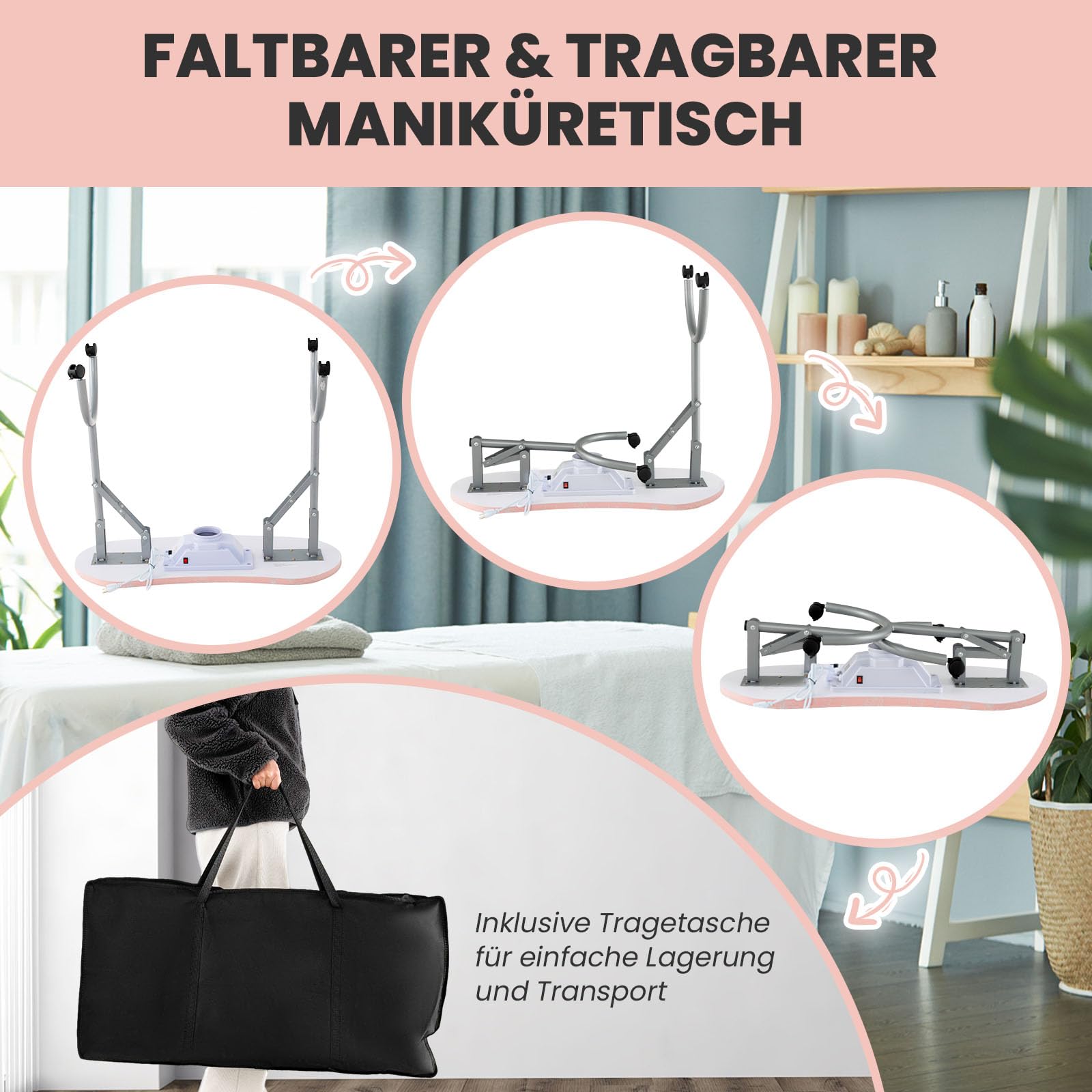 RELAX4LIFE Nageltisch, Maniküretisch mit Absaugung, Nagelstudio Tisch mit biegbarer LED-Lampe, faltbarer Manikürtisch mit 4 Rädern, Tragbare Maniküre-Tisch für Zuhause, Salon, Nagelstudio (Rosa)