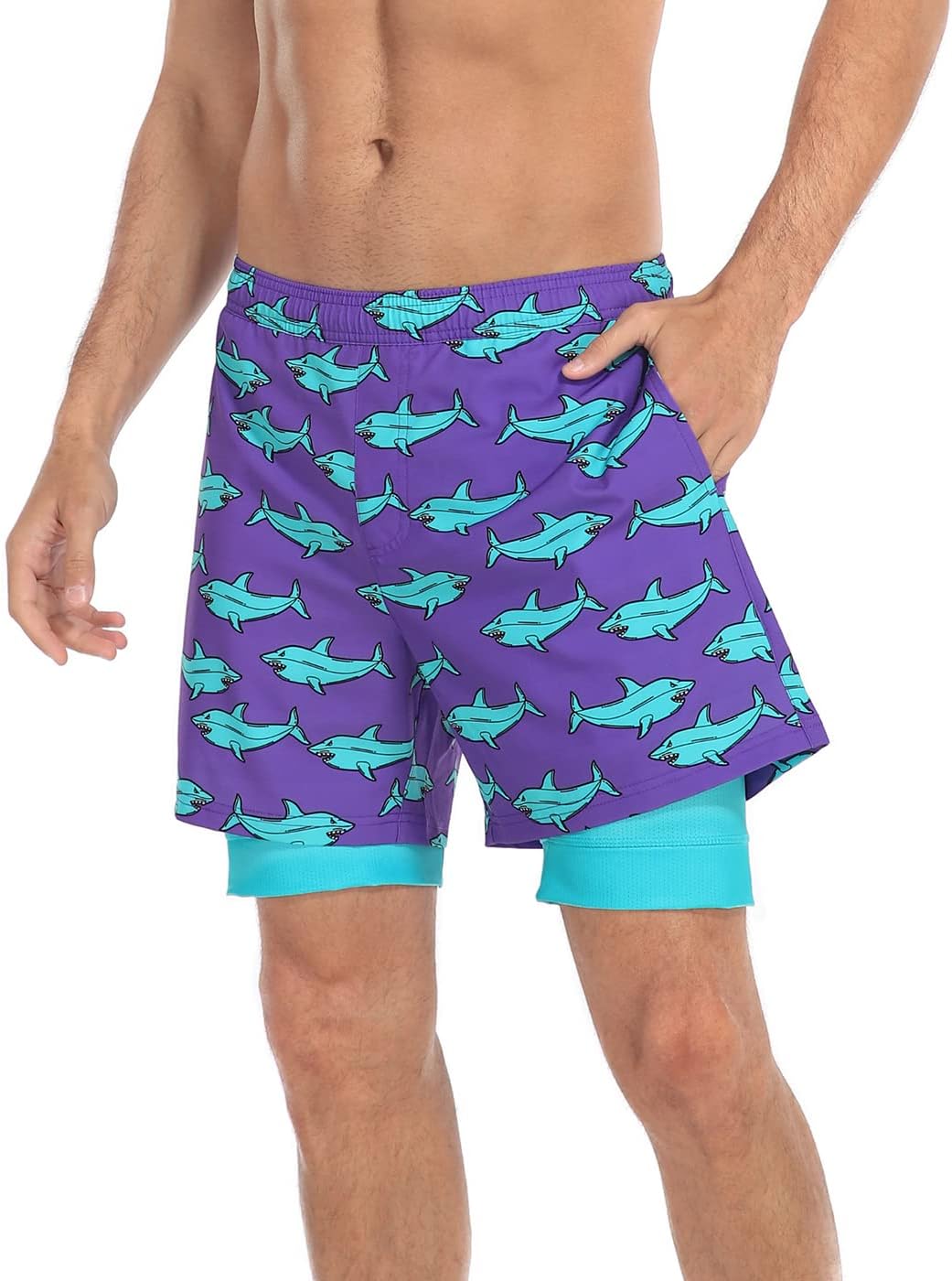 LRD Men's Swim Trunks with Compression Liner 5 Inch Inseam Quick Dry Swim Shorts