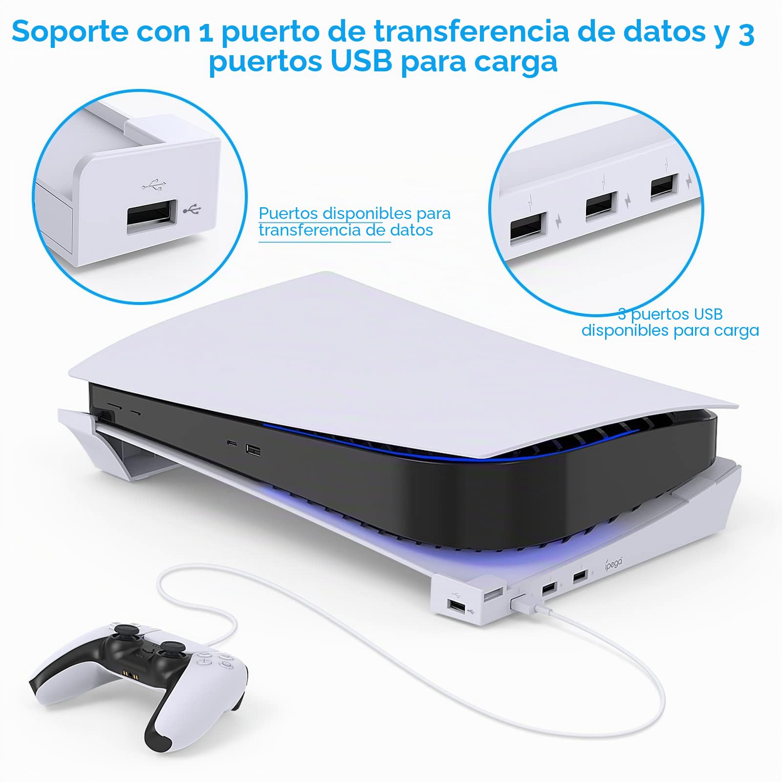 FYOUNG - Soporte Horizontal Compatible con PS5 Consola Disc & Digital Editions con Puerto USB extendido, Base de Soporte para Accesorios de Soporte PlayStation 5 con MADS Antideslizantes