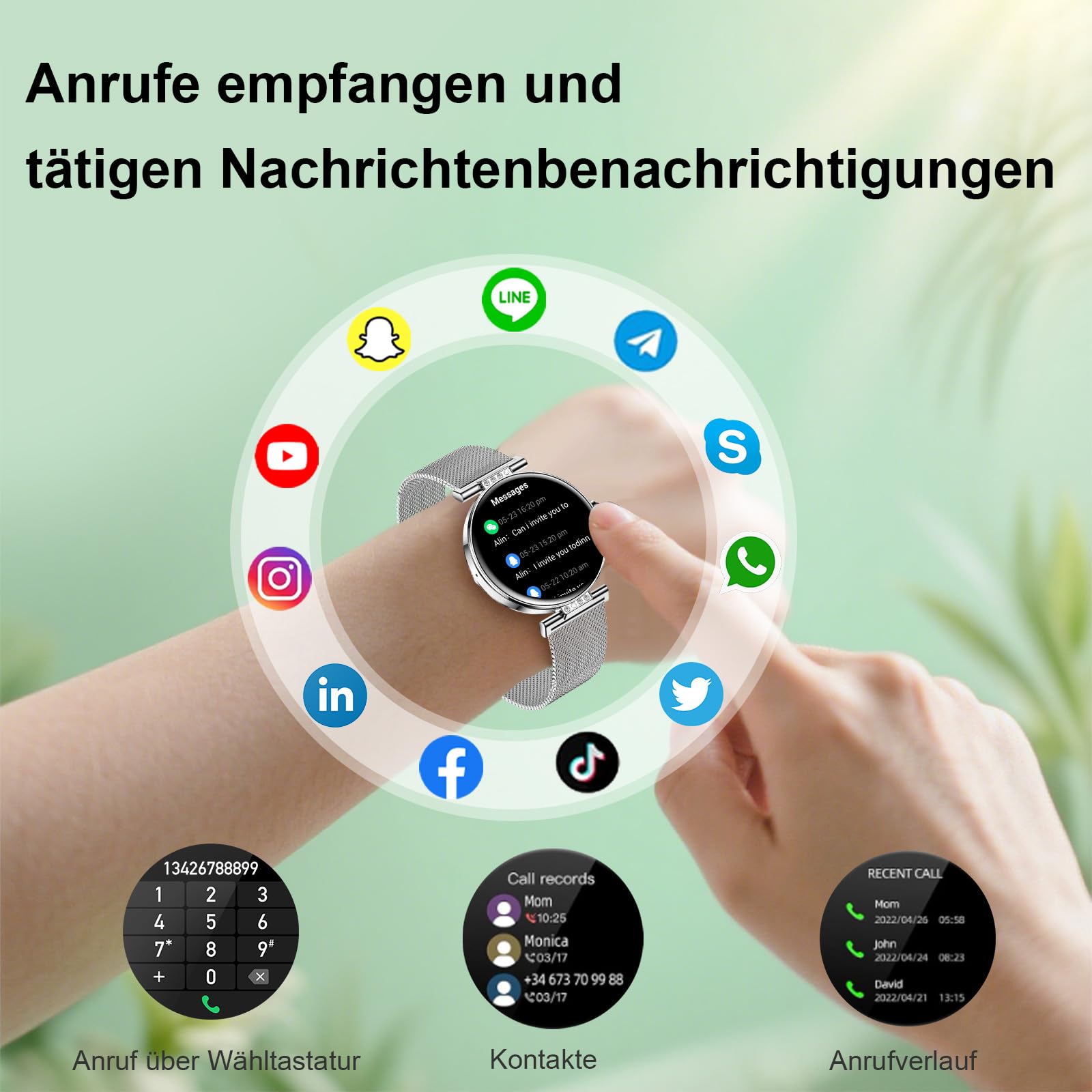 Smartwatch für Damen mit Telefonfunktion App-Benachrichtigungen Rund Schmal GesundheitsüBerwachung SchlafüBerwachung Fitness-Tracker Uhr Kleine DüNne Bluetooth Wasserdicht Android Ios