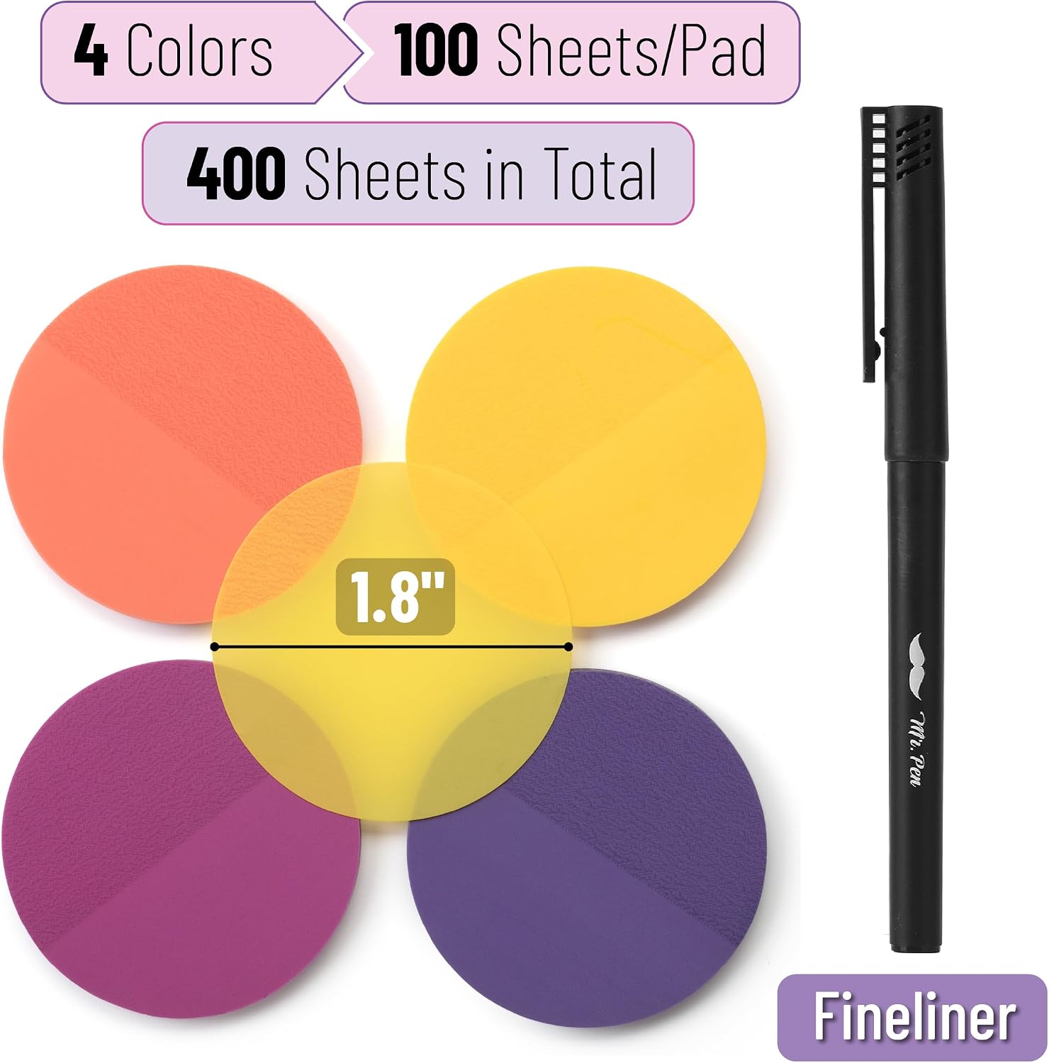 Mr. Pen- Round Transparent Sticky Notes, 1.8”, 8 Pads with Black Fineliner image 2
