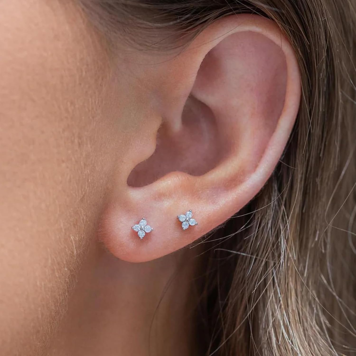 925 Sterling Silver Cubic Zirconia Flower Stud Earrings, Hypoallergenic Small Gold Stud Earring for Women - Image 2