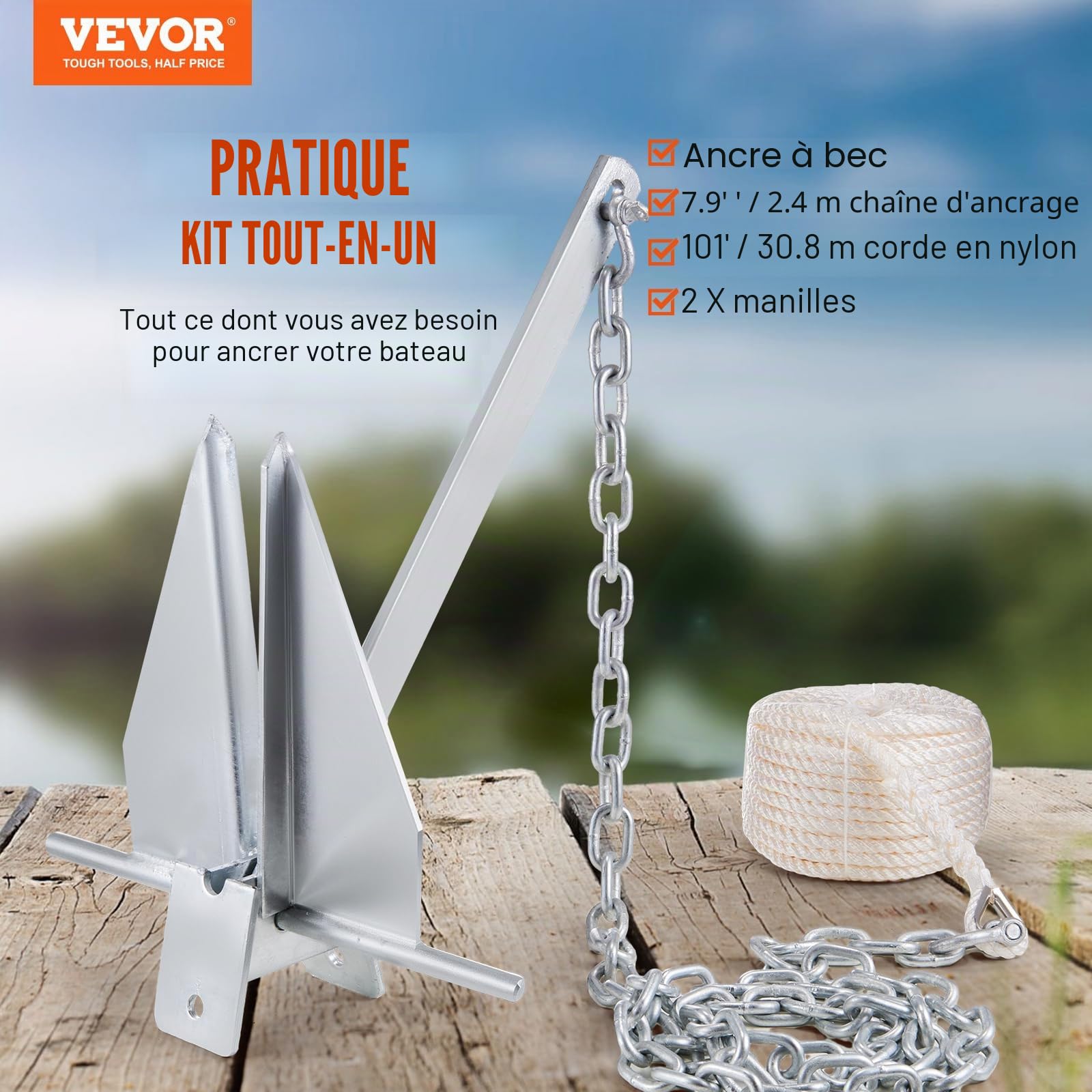 VEVOR Ancre Plate 6 kg, Kit d'ancrage en Acier Galvanisé à Chaud avec Chaîne 2,4 m, Corde 30,8 m et 2 Manilles, Ancre de Bateau Marin pour Petits Navires de Moins de 9,1 m, Mers, Rivières, Rivages