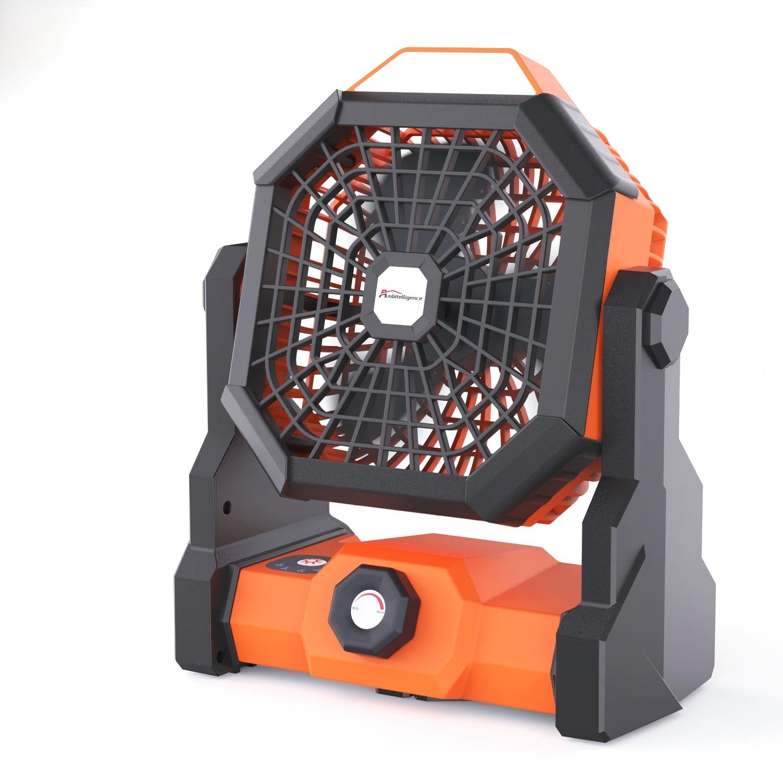 Batteriebetriebener Ventilator, 10400 mAh Campingventilator, wiederaufladbar, tragbarer Ventilator mit LED-Laterne, USB-batteriebetriebener Zeltventilator für Camping, mit Haken & 270 °-orange