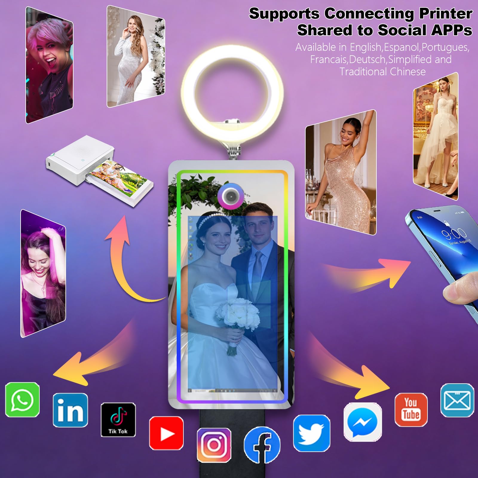 Magic Mirror Photo Booth z ekranem dotykowym 81.3 cm, fotobudka do selfie z futerałem lotniczym, fotobudka RGB na imprezę, wydarzenie, wynajem weselny (czarna, fotobudka)