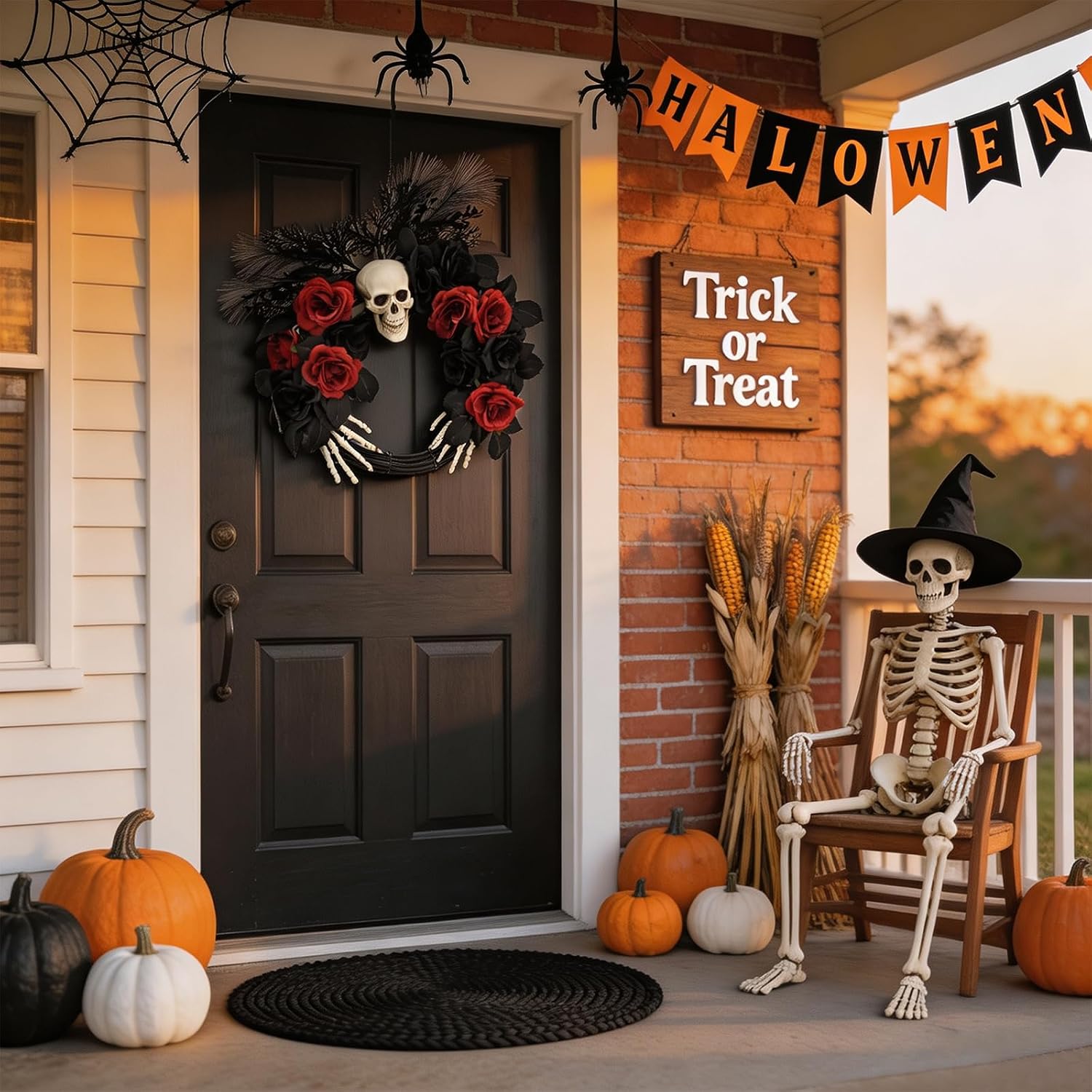 18" Halloween Wreaths for Front Door with Skull and Skeleton Hands