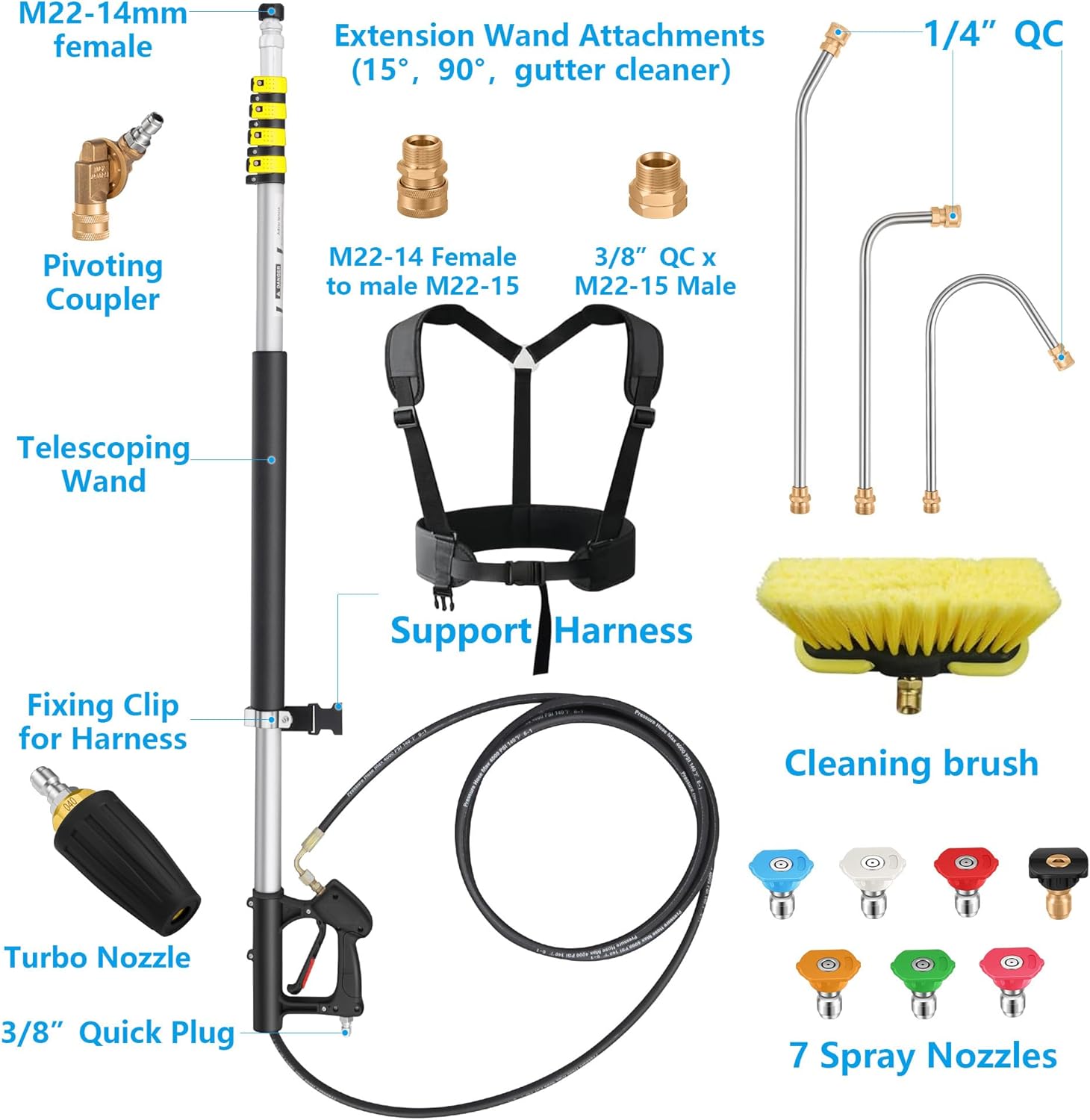 24FT Telescoping Pressure Washer Extension Wand, Power Washer Extension Wand, Solar Panel Cleaner Pole with Turbo Nozzle, Brush Head, 7 Nozzle Tips, 3 Adapters & Harness