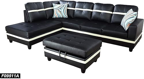 Miniatura 29 de Sofá modular contemporáneo con diván y otomana de almacenamiento, 3 piezas en forma de L, tapicería de piel sintética, cojines de espuma Jengibre