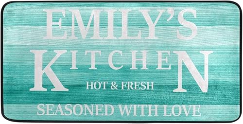 Tapete de cocina de girasol personalizado, tapete de cocina de madera turquesa para piso, lavable, personalizado, antifatiga, tapete cómodo para