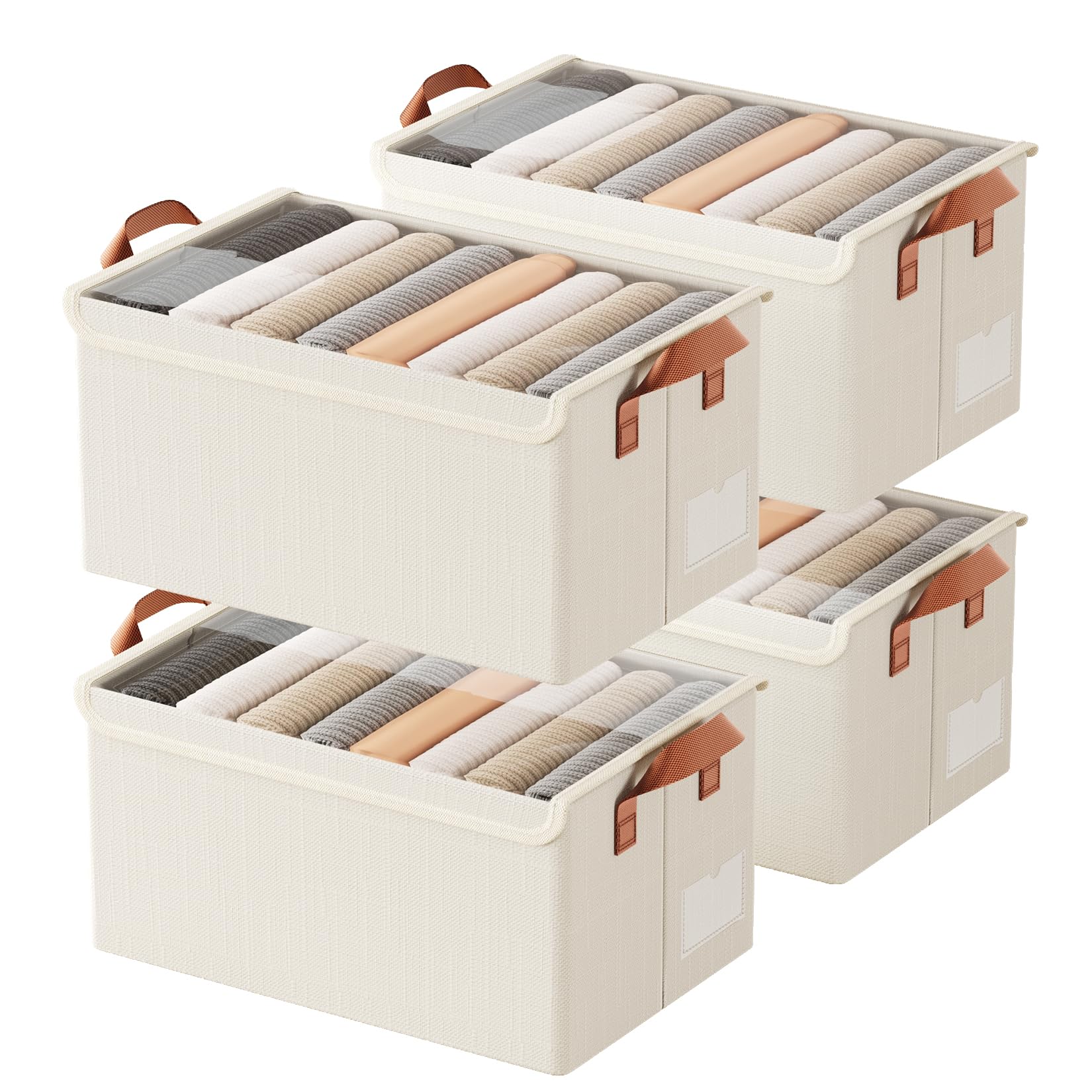 AARAINBOW Closet Clothes Storage Boxes with Lids, 4 Pcs Fabric Storage Boxes for Wardrobe, Stackable Foldable Closet Container with Metal Frame, 23L (B 4 White with Lid)