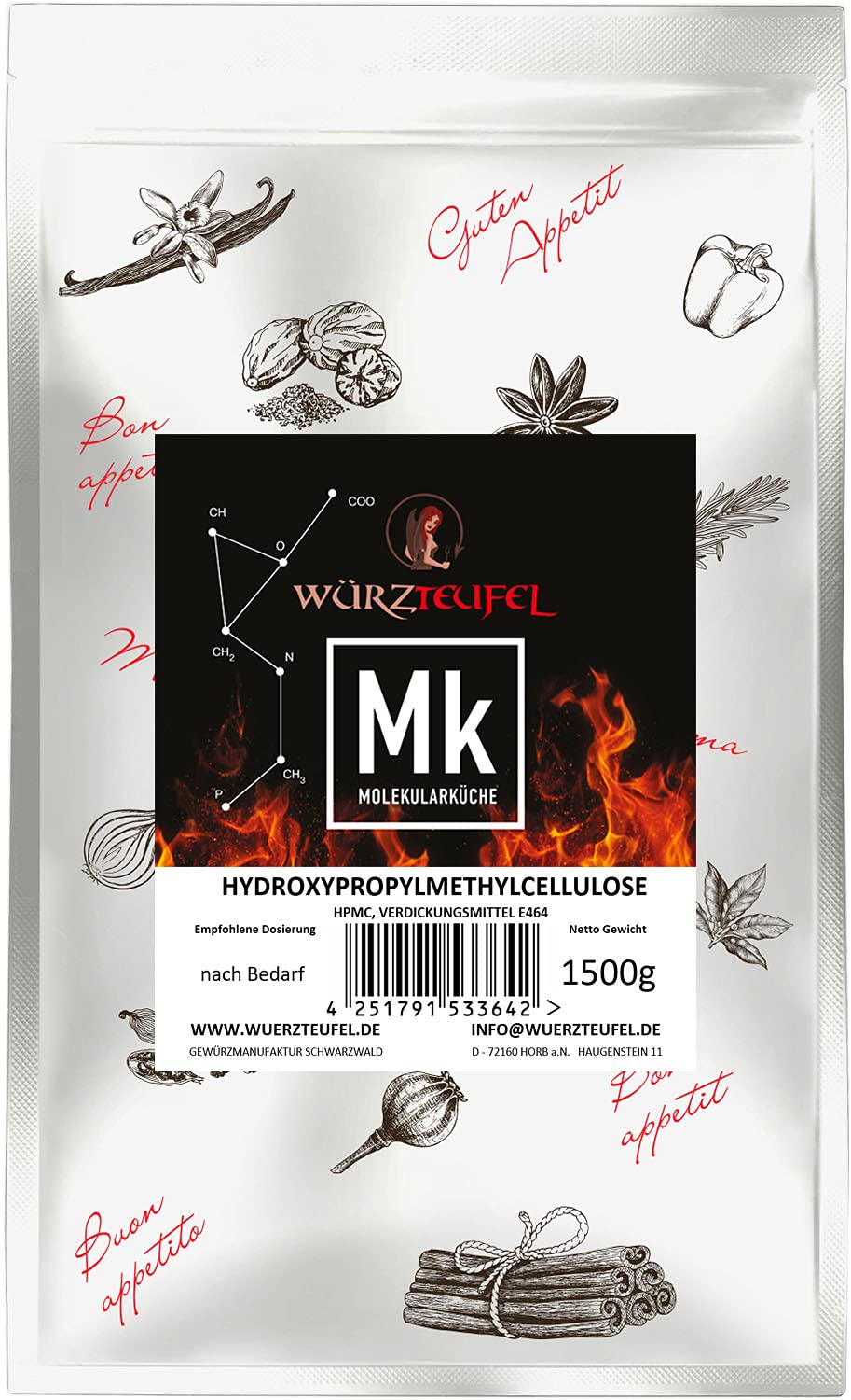 Hidroxipropilmetilcelulosa HPMC espesante hipromelosa E464. Sin gluten. Bolsa XL de 1500 g (1,5 kg).