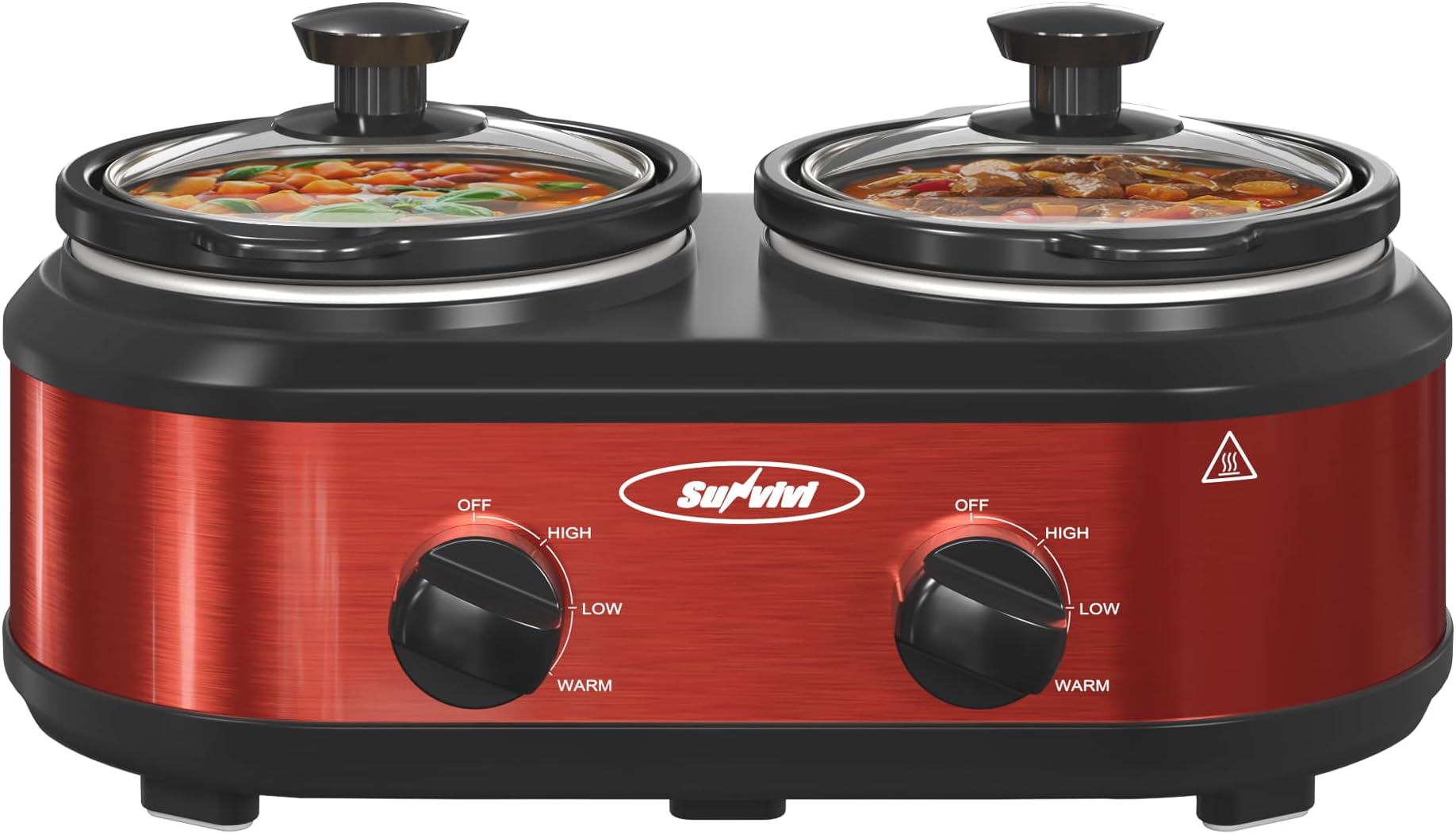 SUNVIVIDouble Slow Cooker,2 Pot Small Mini Crock Buffet Servers and Warmer,Dual Pot Oval Manual Slow Cooker with Adjustable Temp Removable Ceramic Pot,Stainless Steel, Total 2 * 1.25 Quarts Red