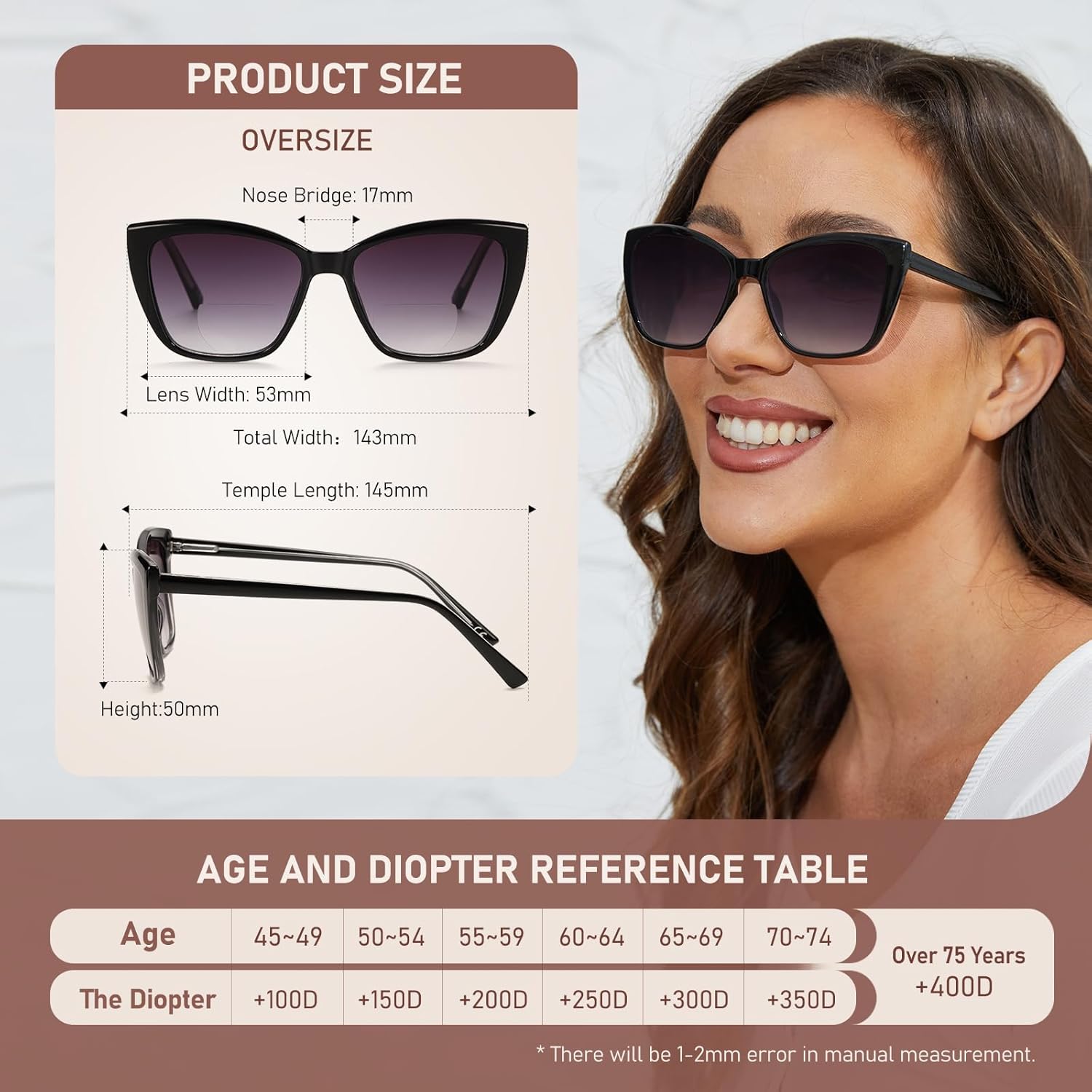 Bifocal Reading Sunglasses for Women Oversized Cat eye Fashion Sun Reader Spring Hinge Eyewear UV Protection PT2001C - Image 3