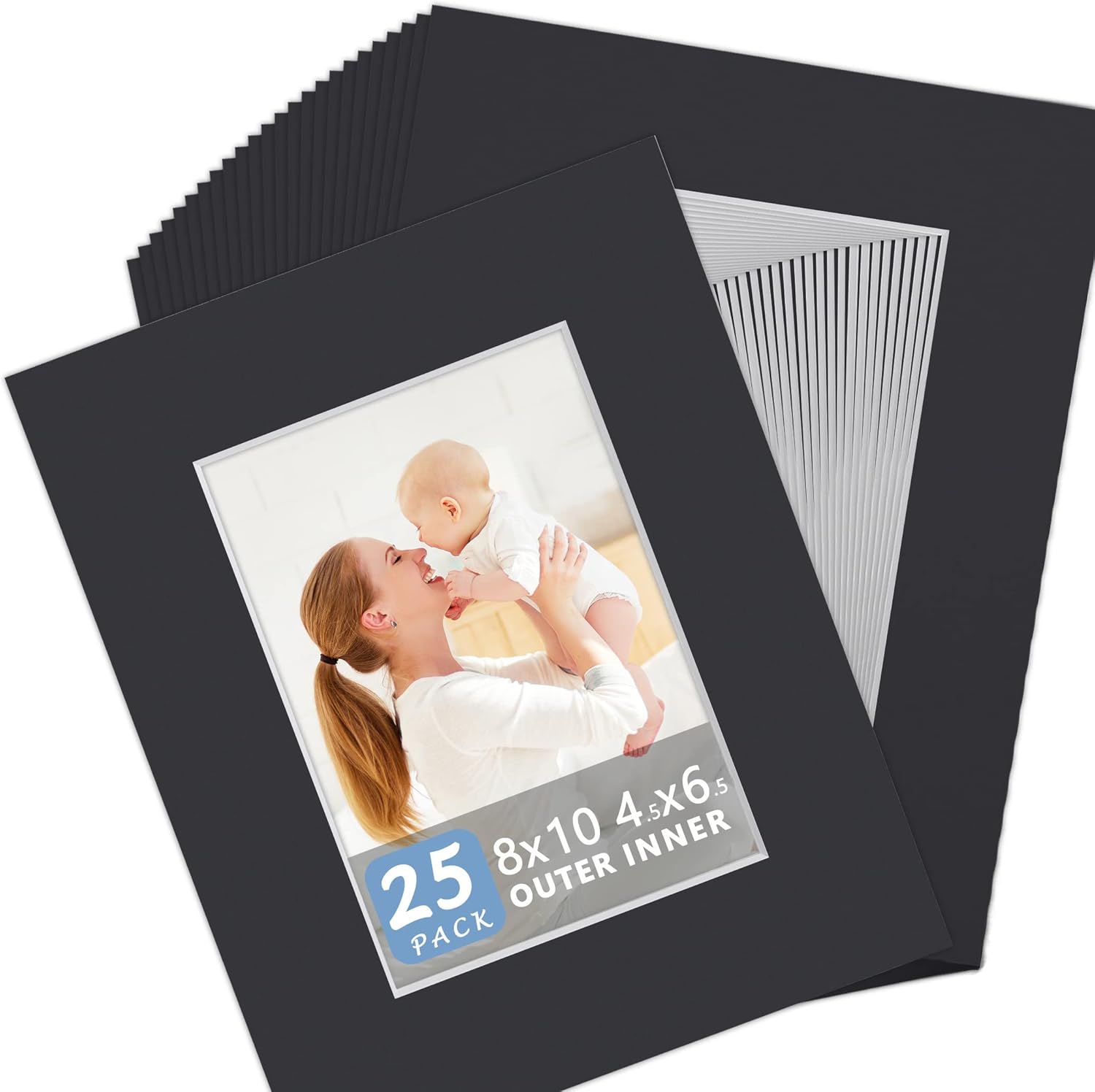 Somime 25 Pack Black Picture Mats - 8x10 Pre-Cut Mats for 5x7 Photos - White Core Bevel Cut Frame Matte, Acid Free, Ideal for Frames, Artwork and Prints