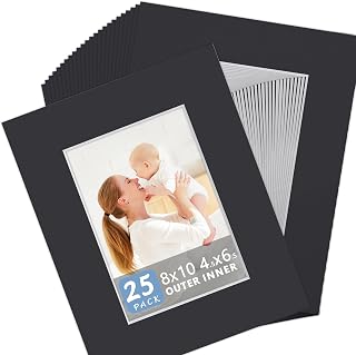 25 Pack Black Picture Mats, 8x10 Pre-Cut Mats for 5x7 Photos | White Core Bevel Cut Frame Matte, Acid Free, Ideal for Frames, Artwork and Prints