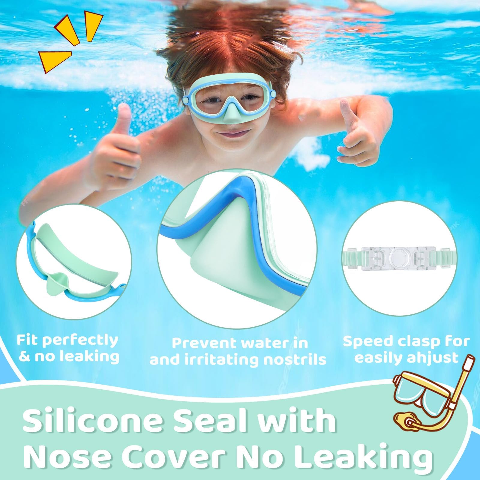 Vvinca Lot de 2 lunettes de natation pour enfants avec cache-nez, masque de plongée large vue anti-buée, UV, anti-éclats pour enfants de 3 à 6 ans