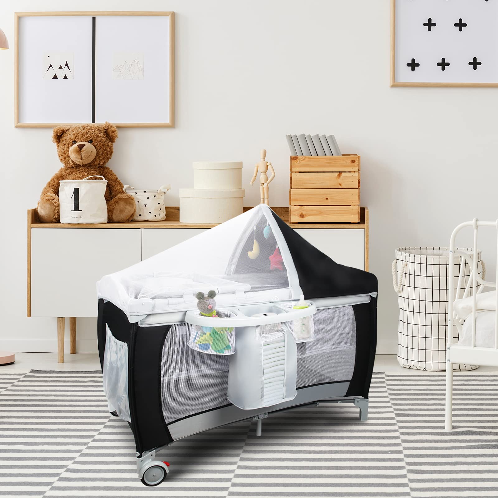 LIFEZEAL Lettino Pieghevole 3 in 1 con Materasso e Fasciatoio, Culla da Campeggio con Zanzariera, Cestino Portaoggetti e Borsa per il Trasporto, Ingresso Laterale per Bambini 0-36 Mesi (Black)