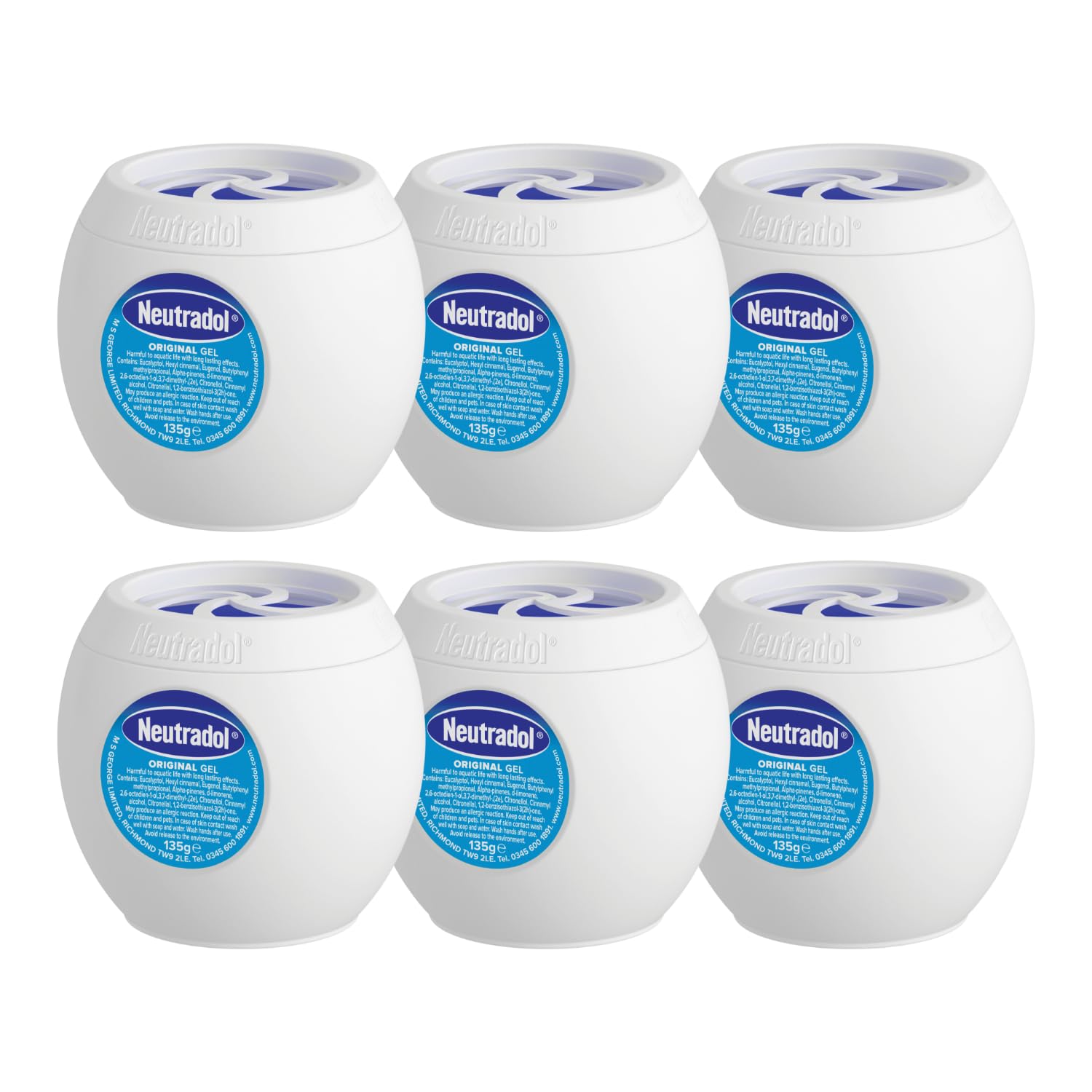 NeutradolSlow Release Gel, Air Freshener and Odour Eliminator, No Plug or Spray Needed, Original, Multipack of 6 x 135g