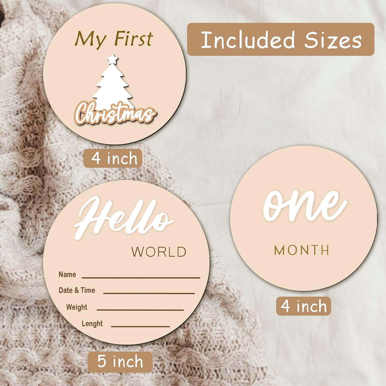 Monthly Baby Milestone Maker Discs, Baby Milestone Signs for Newborn Baby, Hello World Newborn Sign for Baby Girl & Boy, Baby Announcement Sign for 1-12 Month, Milestone Wooden Circles (White)