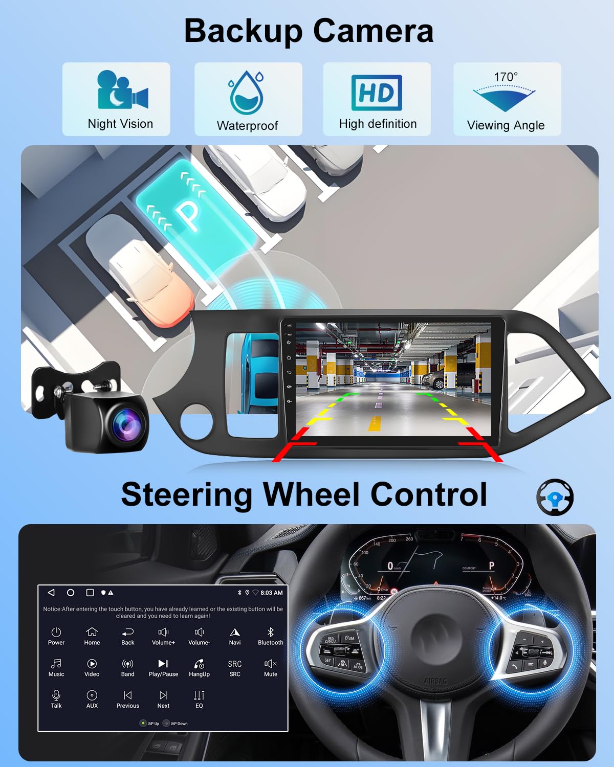 NHOPEEW 2+64G Android CarPlay Stereo per KIA Picanto 2012-2016 - Radio touchscreen da 9 pollici con CarPlay wireless Android Auto - WiFi GPS Mirror Link EQ RDS + Telecamera di backup e microfono