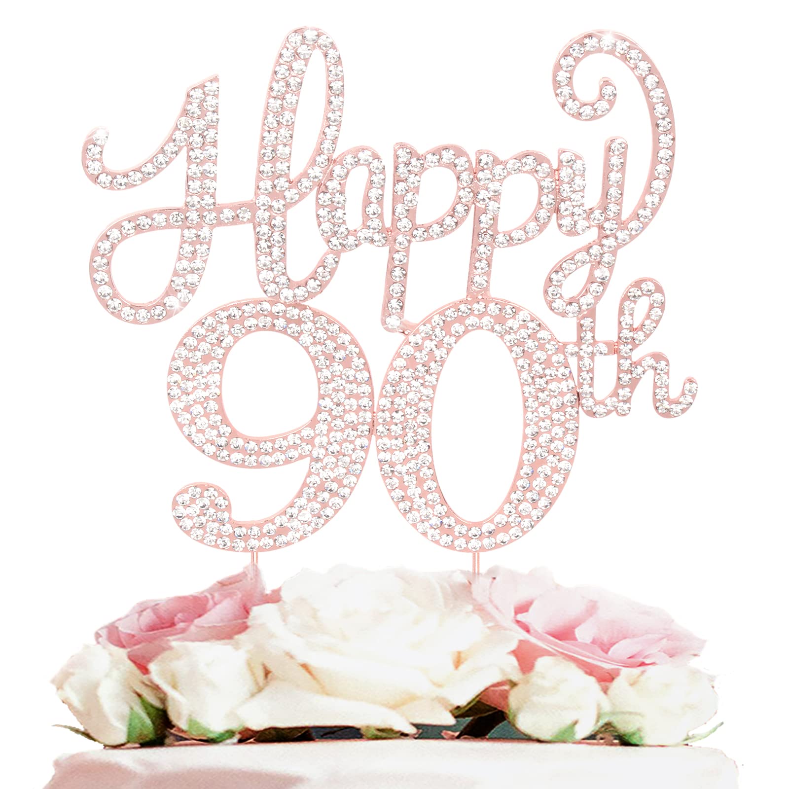 LASKYER Happy 90th Birthday Decorations,90th Birthday Rose Gold Rhinestone Cake Topper - Cheers to Ninety Years Old Bday Party Metal Sparkly Cake