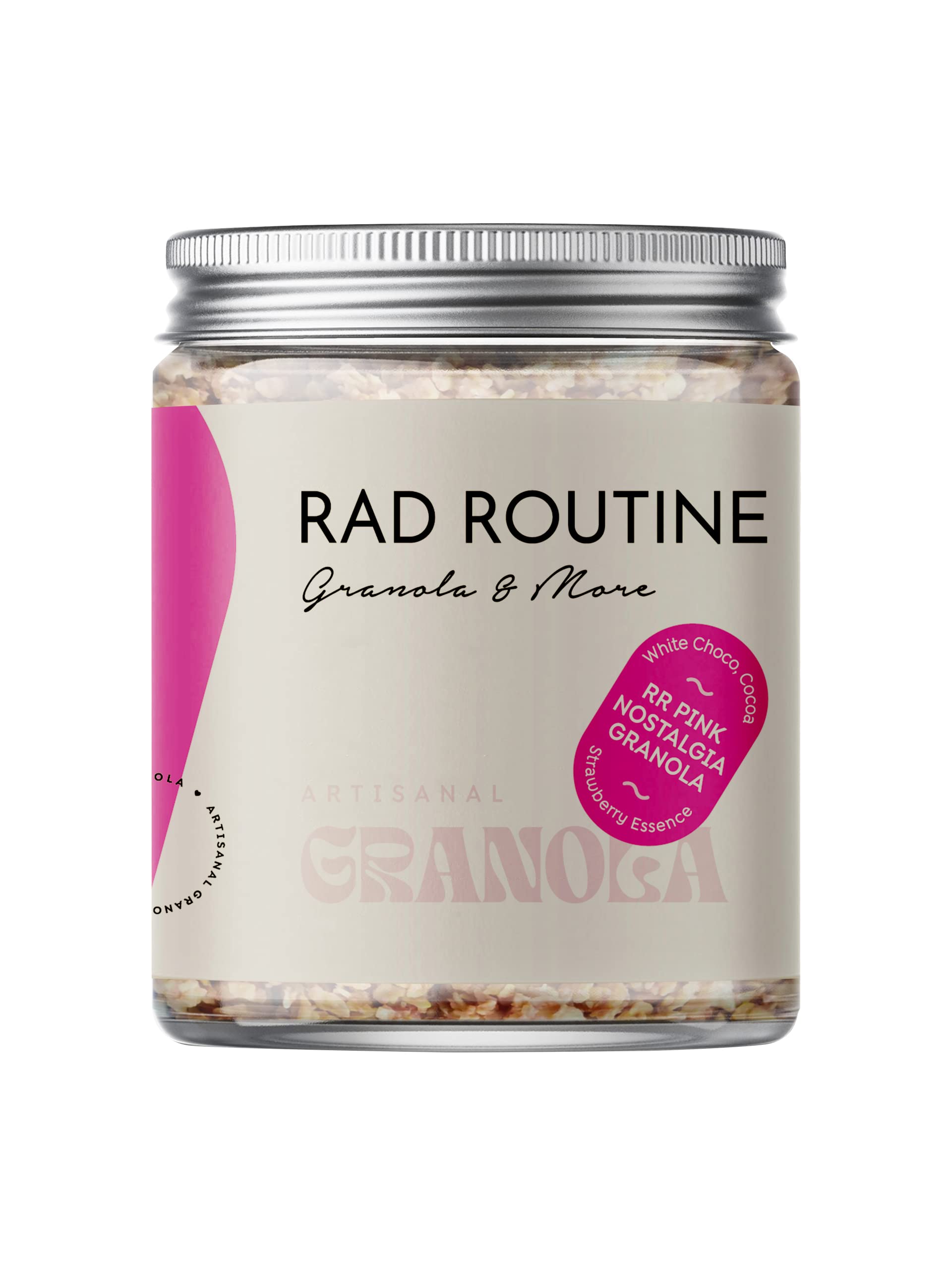 Rad Routine Pink Nostalgia Granola | White Chocolate, Cocoa, Hazelnut, Strawberry Flavor (1 Jar - 250 g) | Fibre Rich Granola | Artisanal Gourmet Snack | Granola for Breakfast | Healthy Cereal | Source of Protein