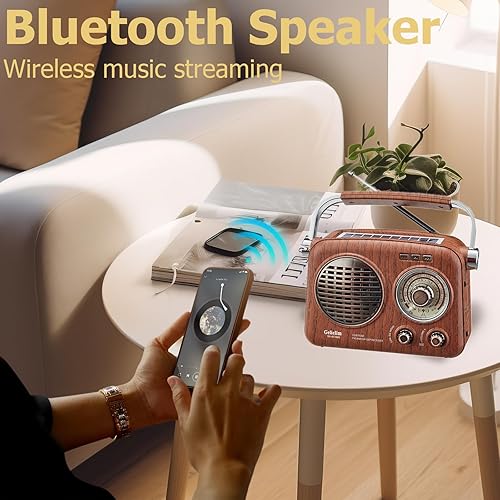 Miniatura 8 de Gelielim Radios portátil AM FM, enchufe de pared o batería, altavoz Bluetooth Gelielim Retro Radio, funciona con pilas recargables